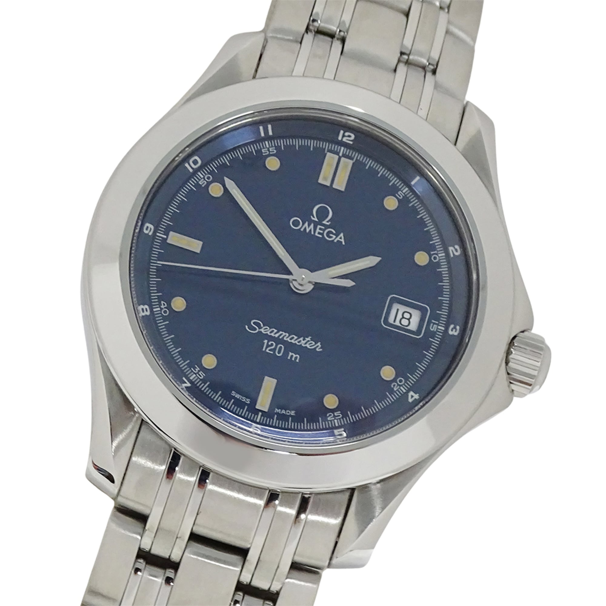 Omega Seamaster 2511.80 Brand Name 120m Water Resistant Date Display Quartz Movement Stainless Steel (SS) Silver & Blue Frame