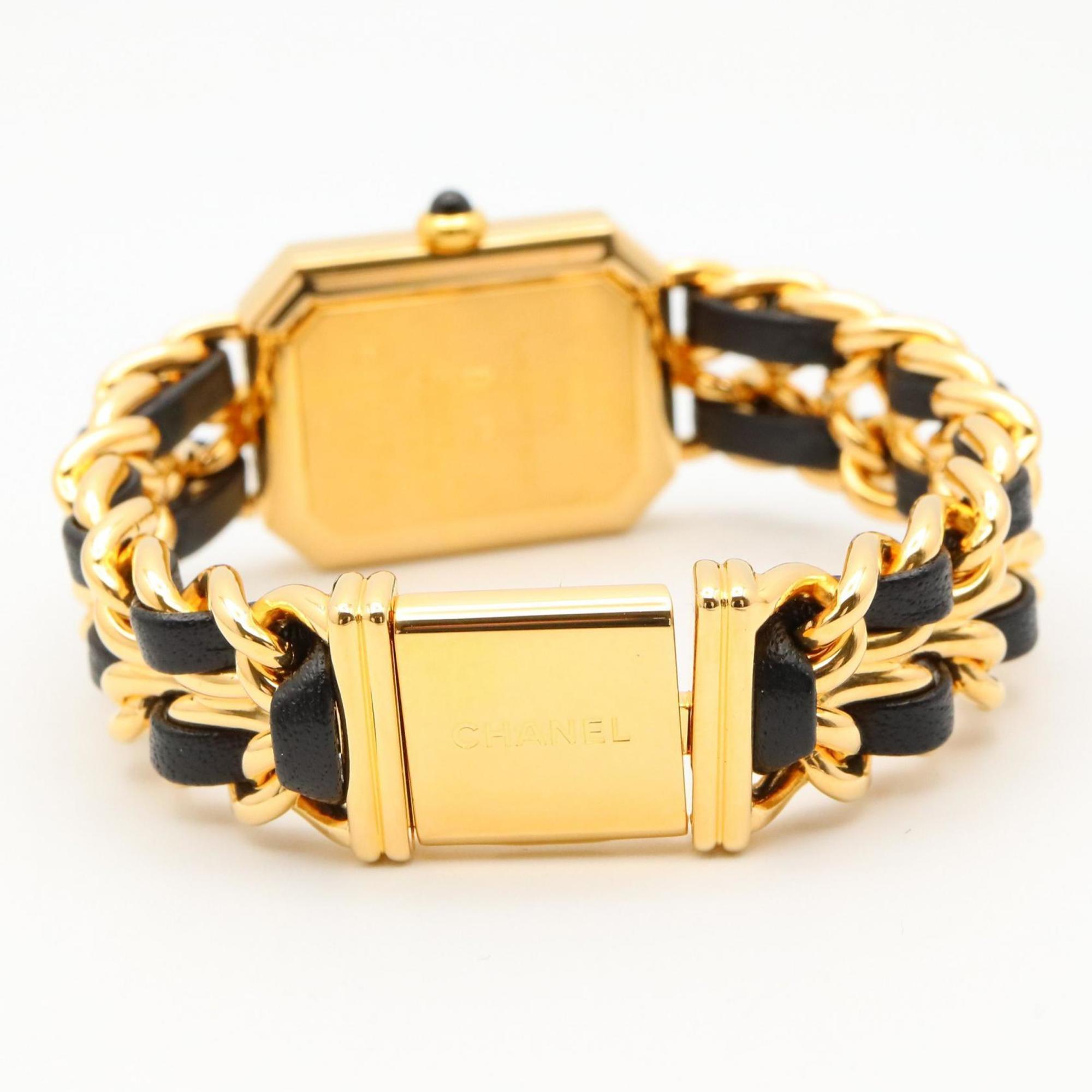 CHANEL Premiere S-horloge, verguld, met leren band, zwart, dames, H0001