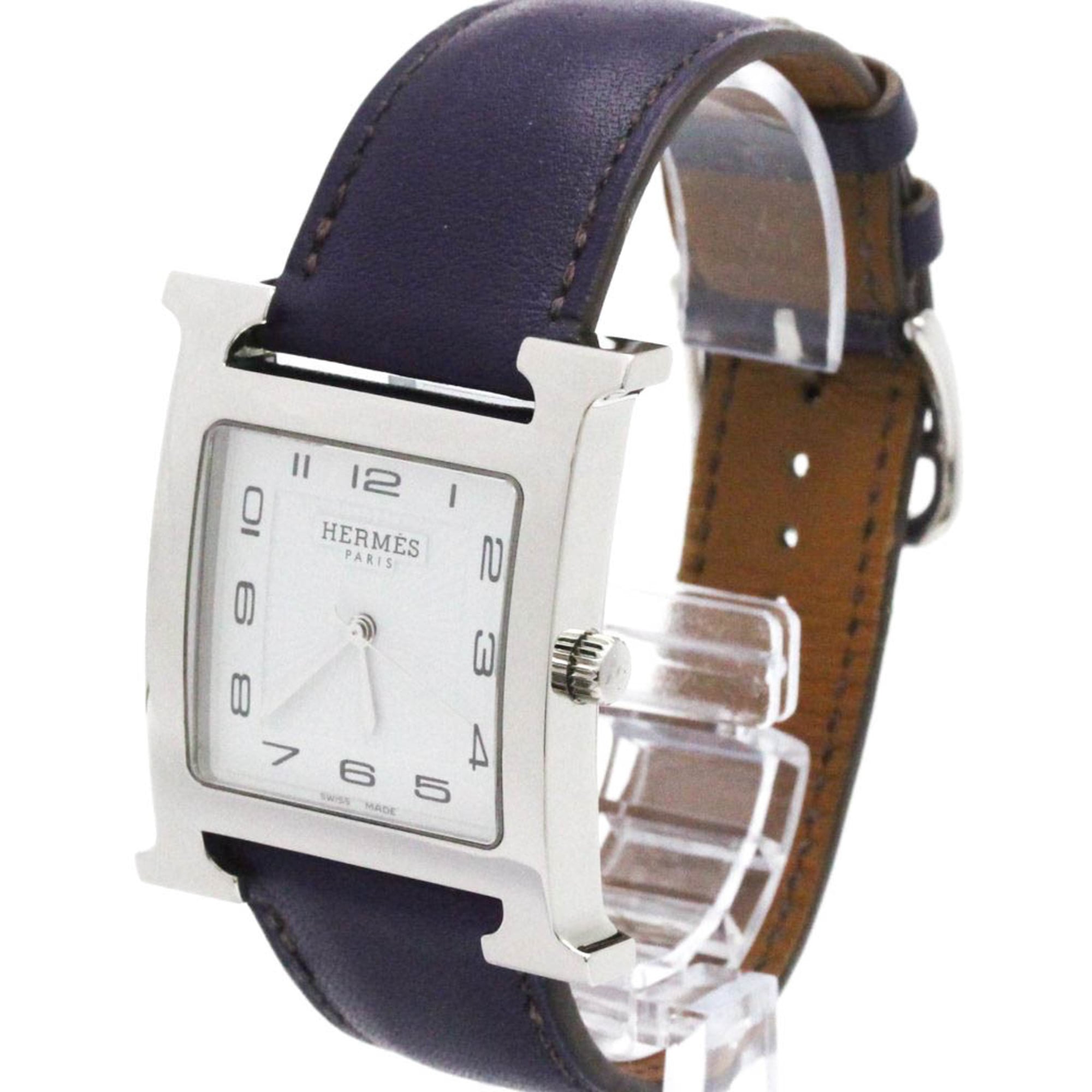 HERMES H Wach Steel Leather Quartz Mens Watch HH1.810 Polished