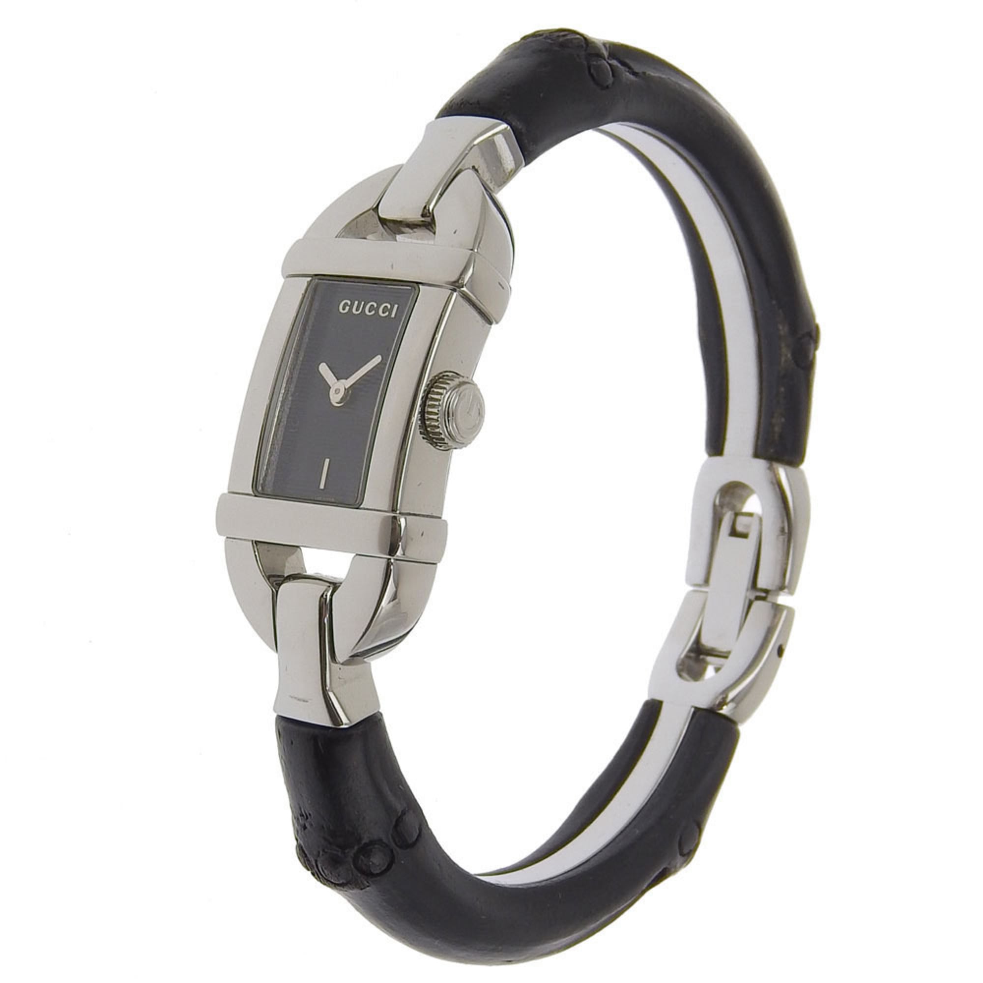 Gucci Bangle Watch 6800L Stainless Steel x Bamboo Quartz Analog Display Black Dial Women's
