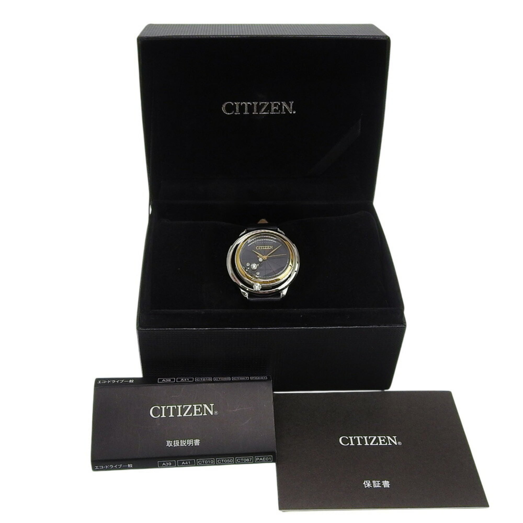 Citizen B036 S112052 dameshorloge, zwarte wijzerplaat, 3 wijzers, 5 diamanten, roestvrij staal, leren band, Eco-Drive, ca. 32 mm