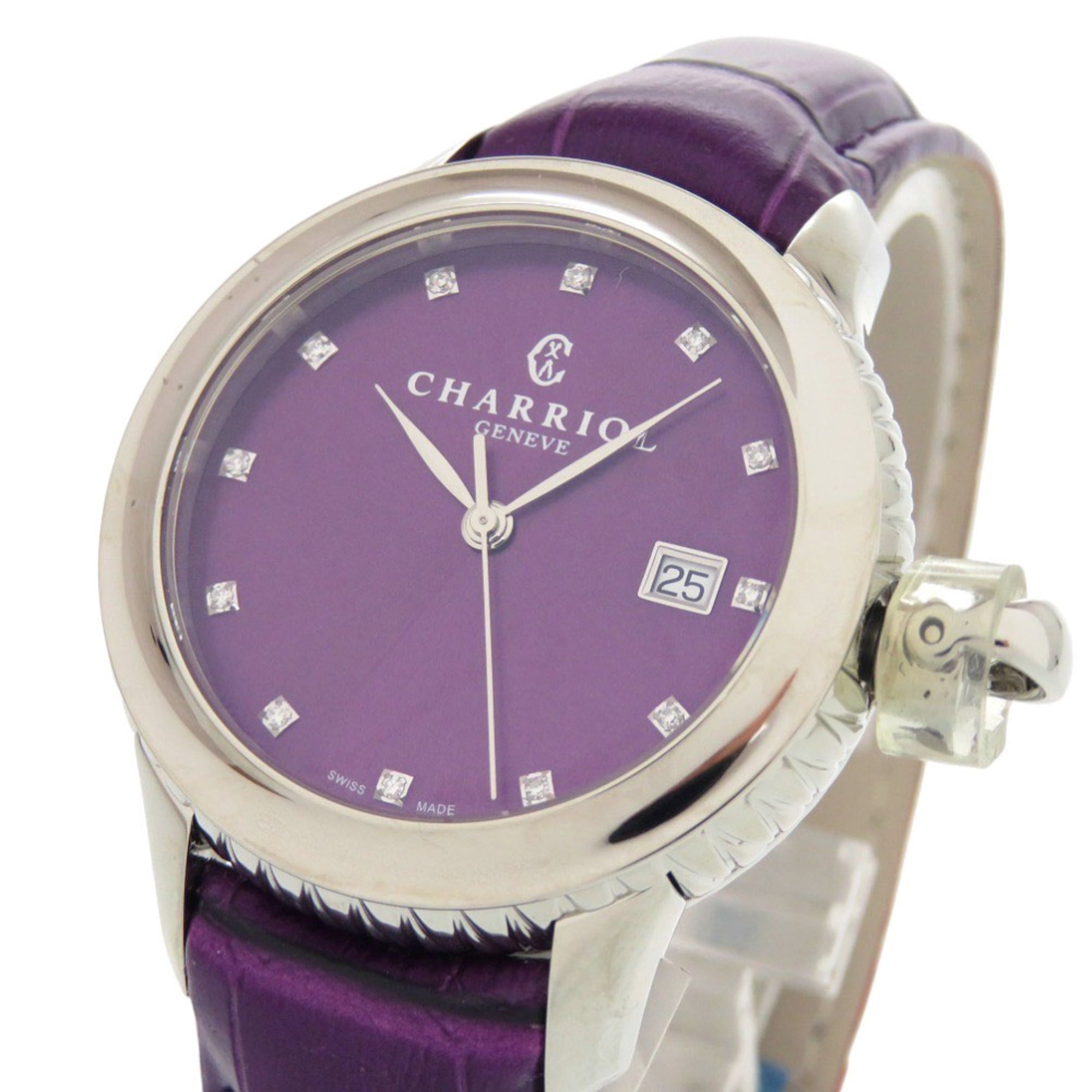 Unused Charriol Columbus 12-Piece Diamond Watch CO36QS.369.003, Stainless Steel Embossed Leather, Purple Dial, Quartz Movement, 0596 CHARRIOL