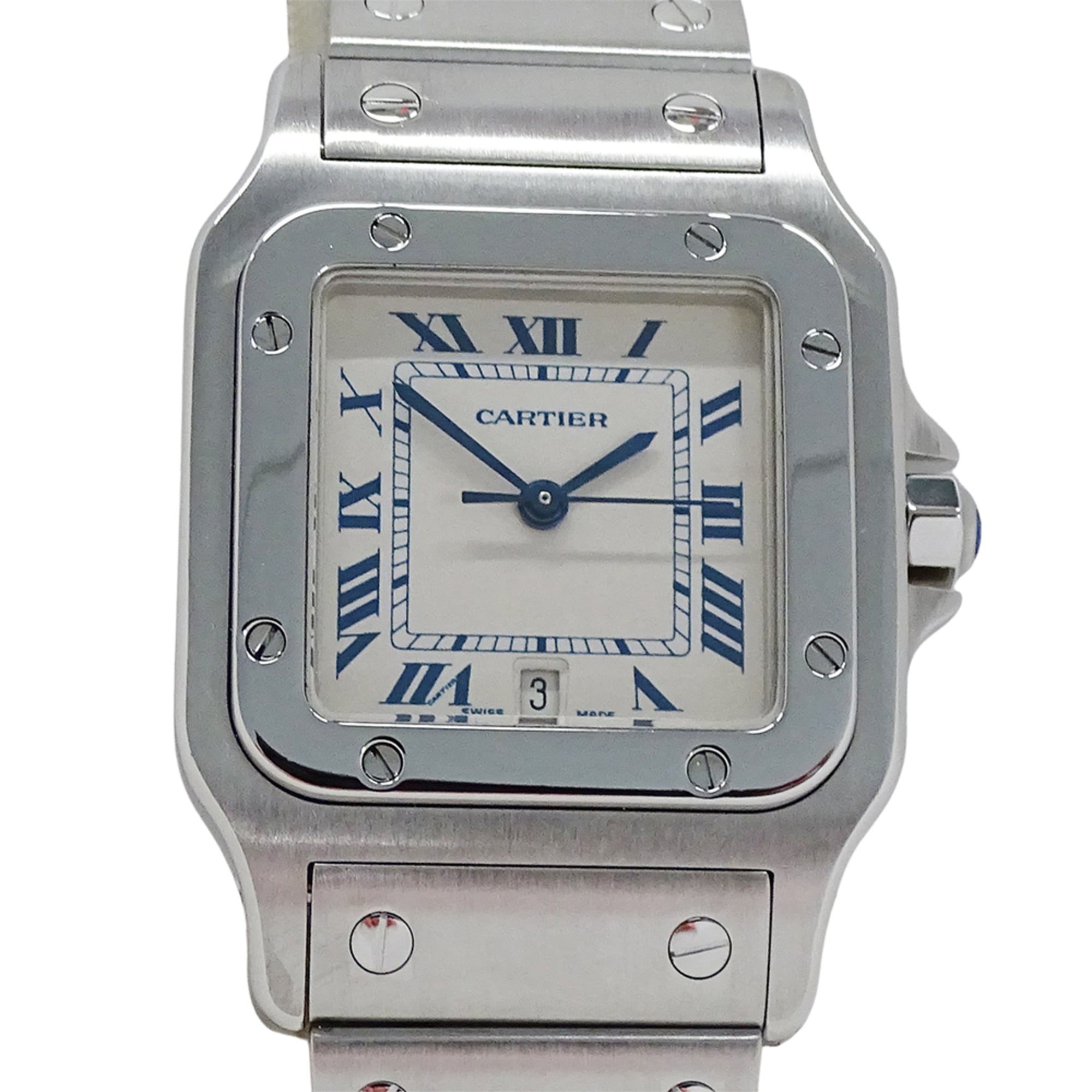 Cartier men's watch, Santos Galbee LM, date, quartz movement, stainless steel (SS), W20018D6, silver/ivory, polished.
