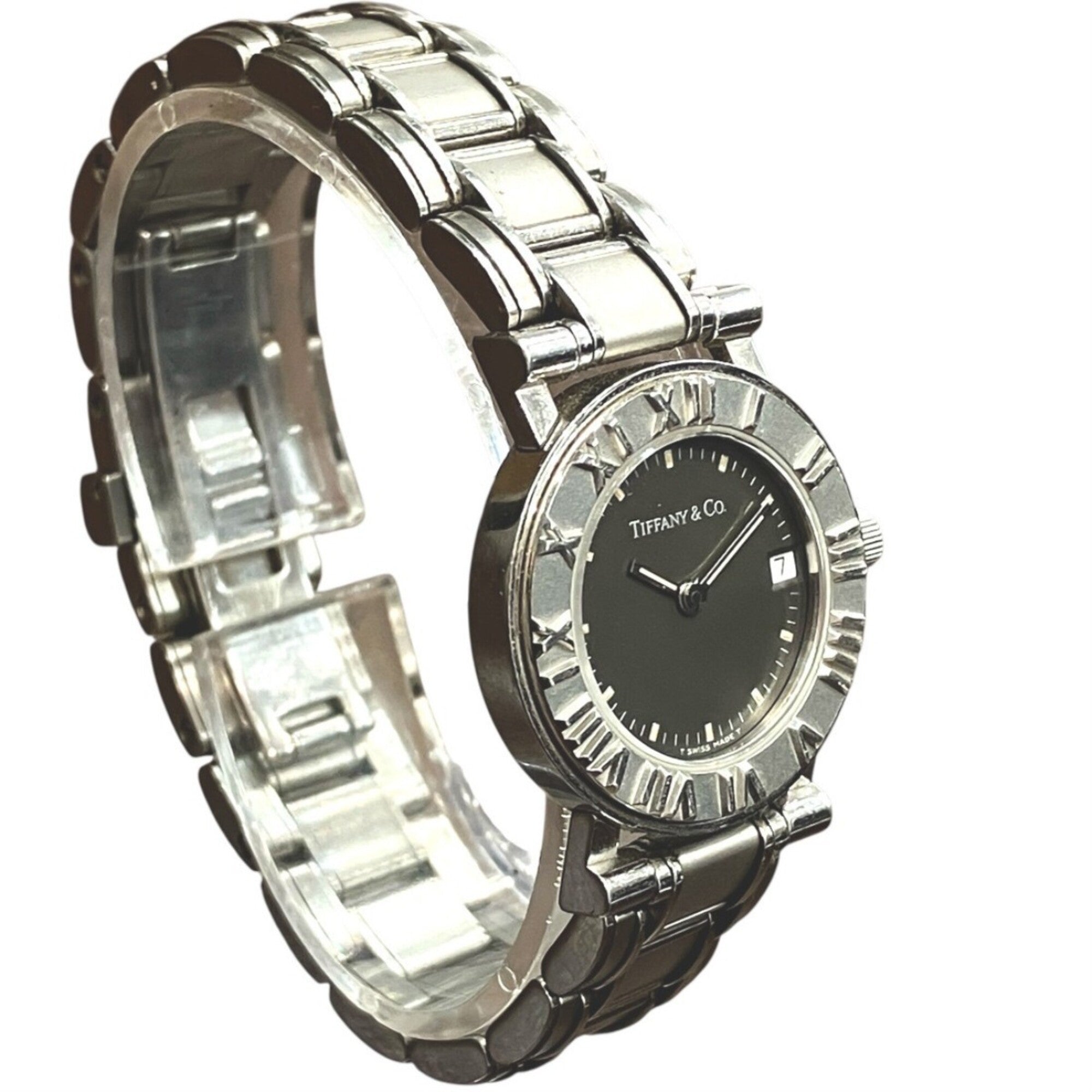 Tiffany & Co. Atlas watch, total weight 53.6g, stainless steel, quartz movement, black dial.