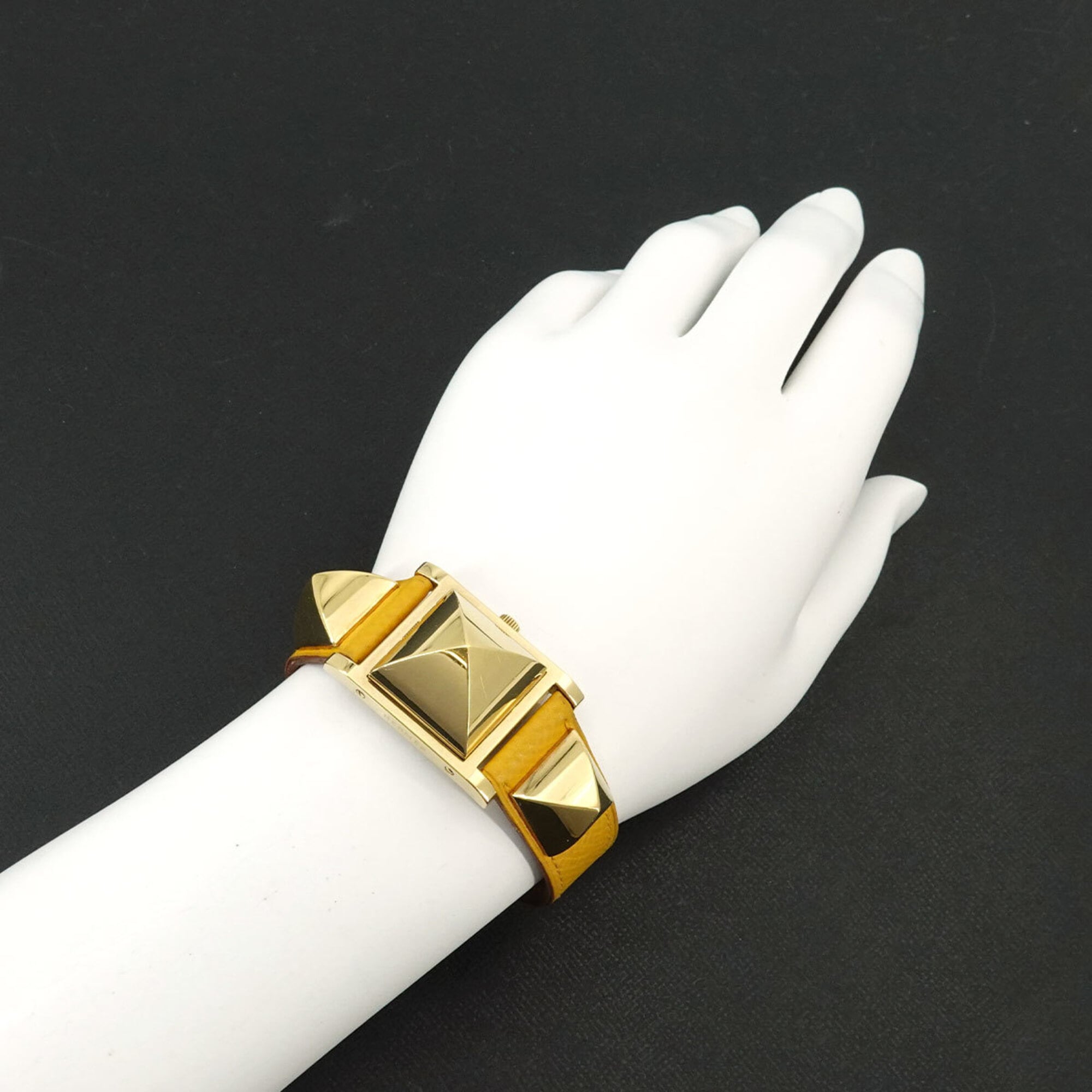 Hermes Medor Women's Watch, Pyramid Design, Gold Studs, White and Yellow Leather Strap, Quartz Movement.