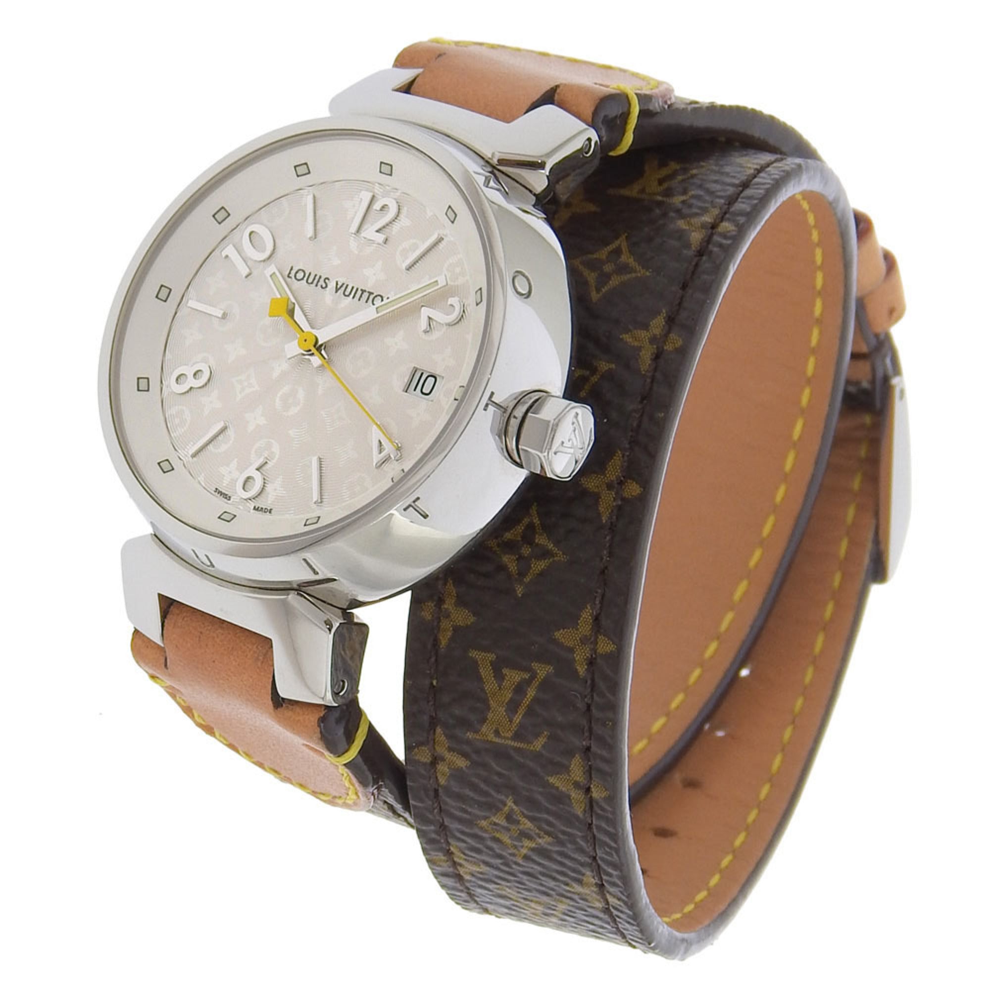Louis Vuitton Tambour Watch Q1313 Stainless Steel x Monogram Canvas Quartz Analog Display White Dial Women's