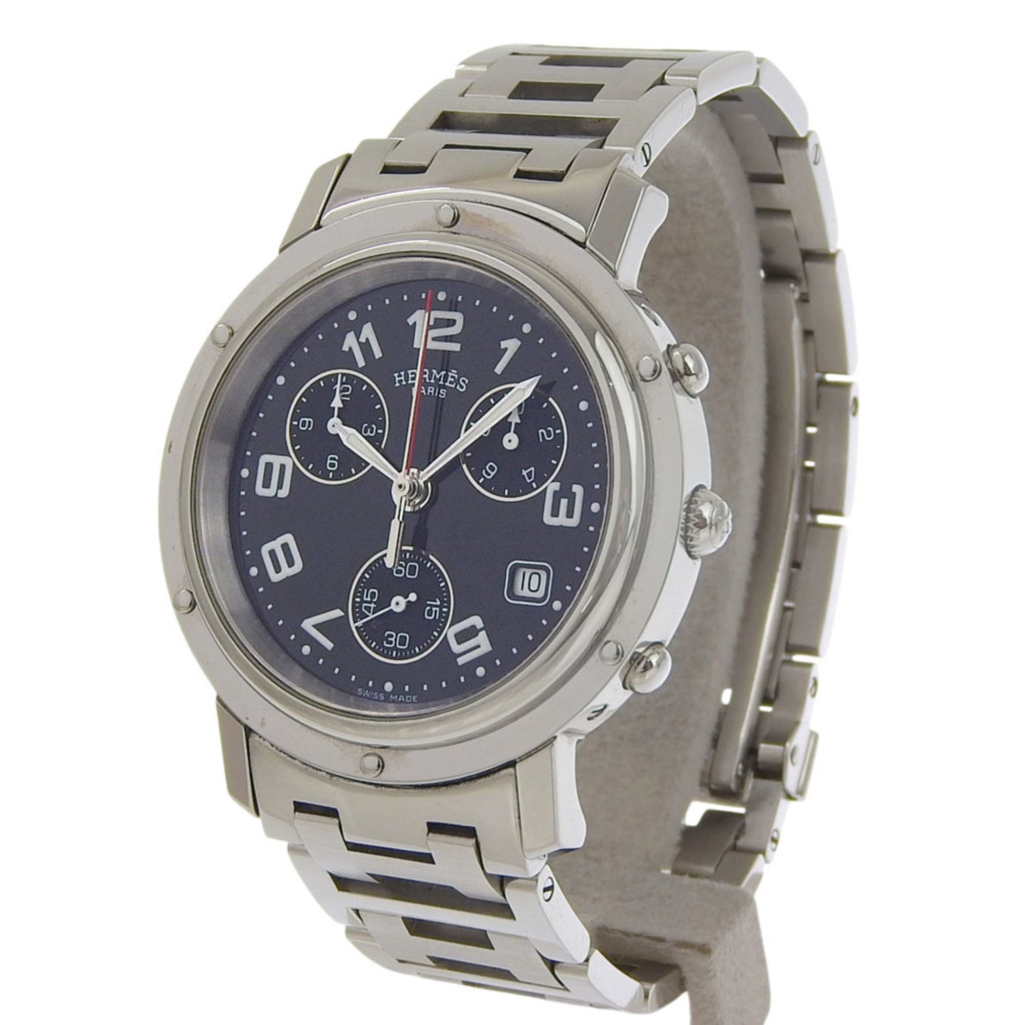 Hermes Clipper watch CL1.910, stainless steel, quartz, chronograph, black dial, men's.
