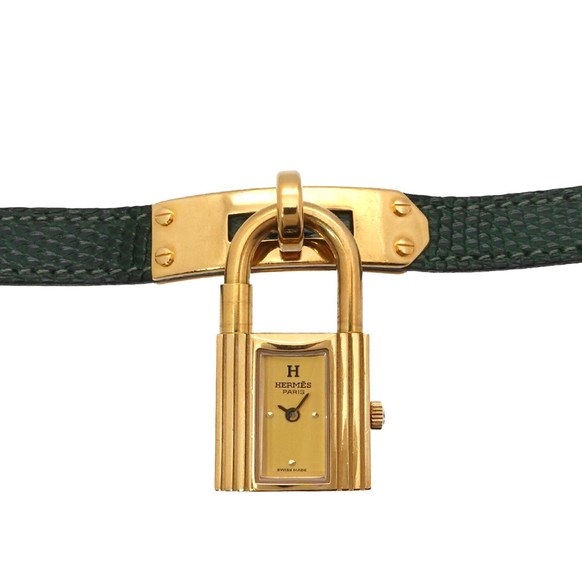 Hermes Kelly Watch, Ladies' Gold and Green Quartz Watch with Padlock