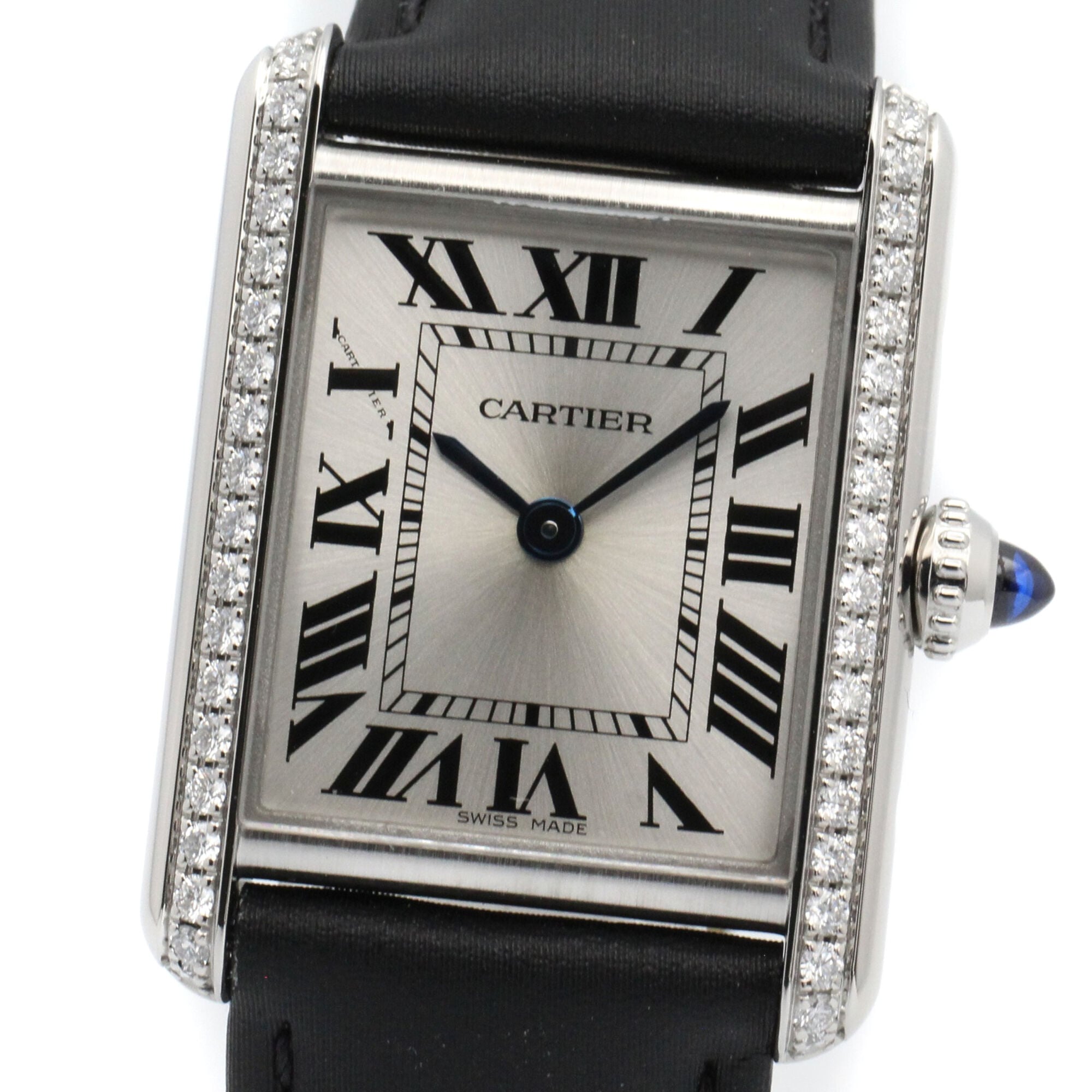 Cartier Tank Must SM Stainless Steel Leather Strap Diamond Ladies Silver Tone W4TA0016