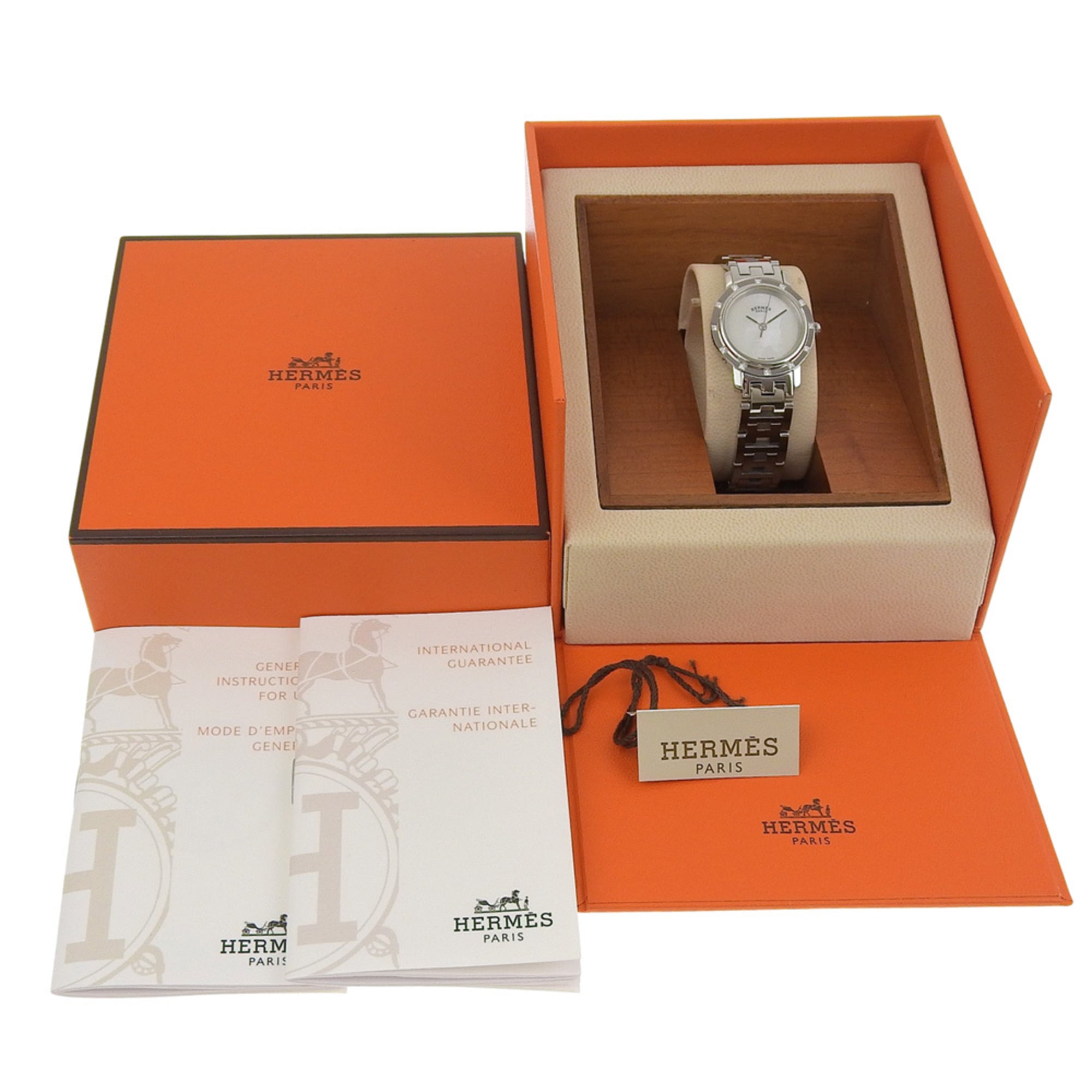 Hermès Clipper Nacre dameshorloge, 12 diamanten, CL4.230, roestvrij staal, quartz uurwerk, analoge wijzerplaat, witte schelpwijzerplaat