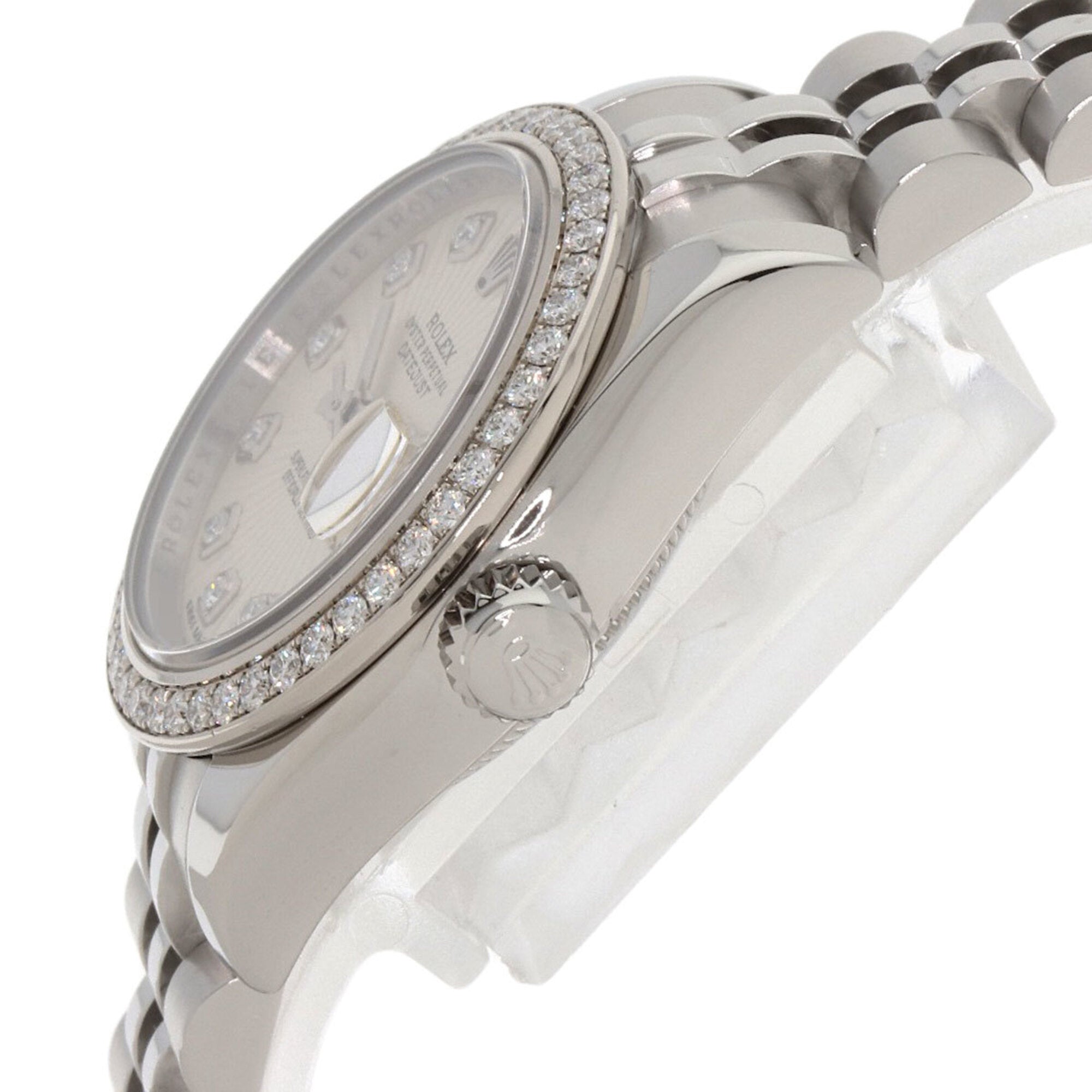 Rolex 179384G Datejust mit 10-teiliger Diamantlünette aus Edelstahl/SS/18 Karat Weißgold mit Diamanten, Damenuhr