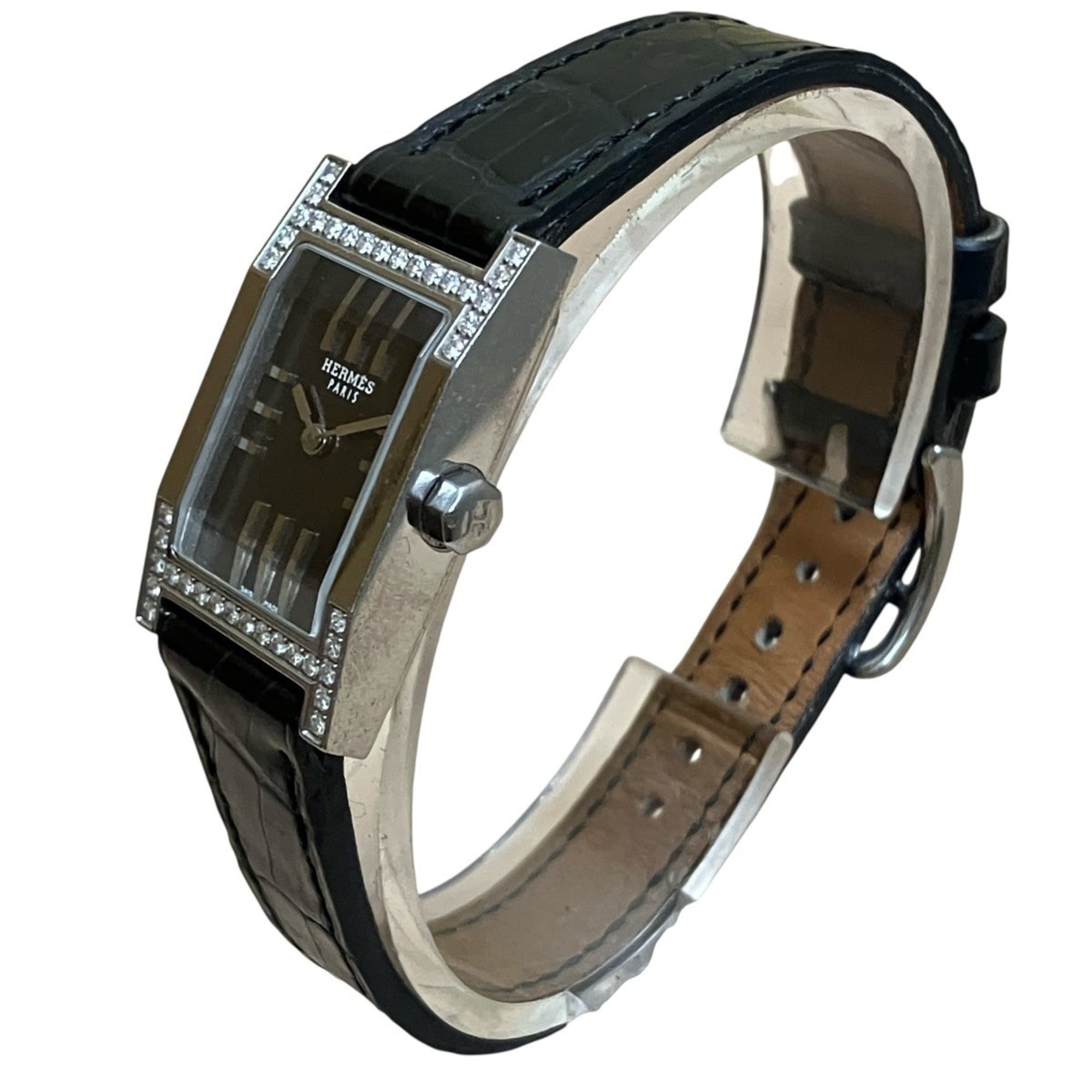 Hermes HERMES Dandem Diamond-Set Bezel Watch, Total Weight 20.8g, Stainless Steel, Genuine Leather Strap, Quartz Movement, Black Dial, TA1.230