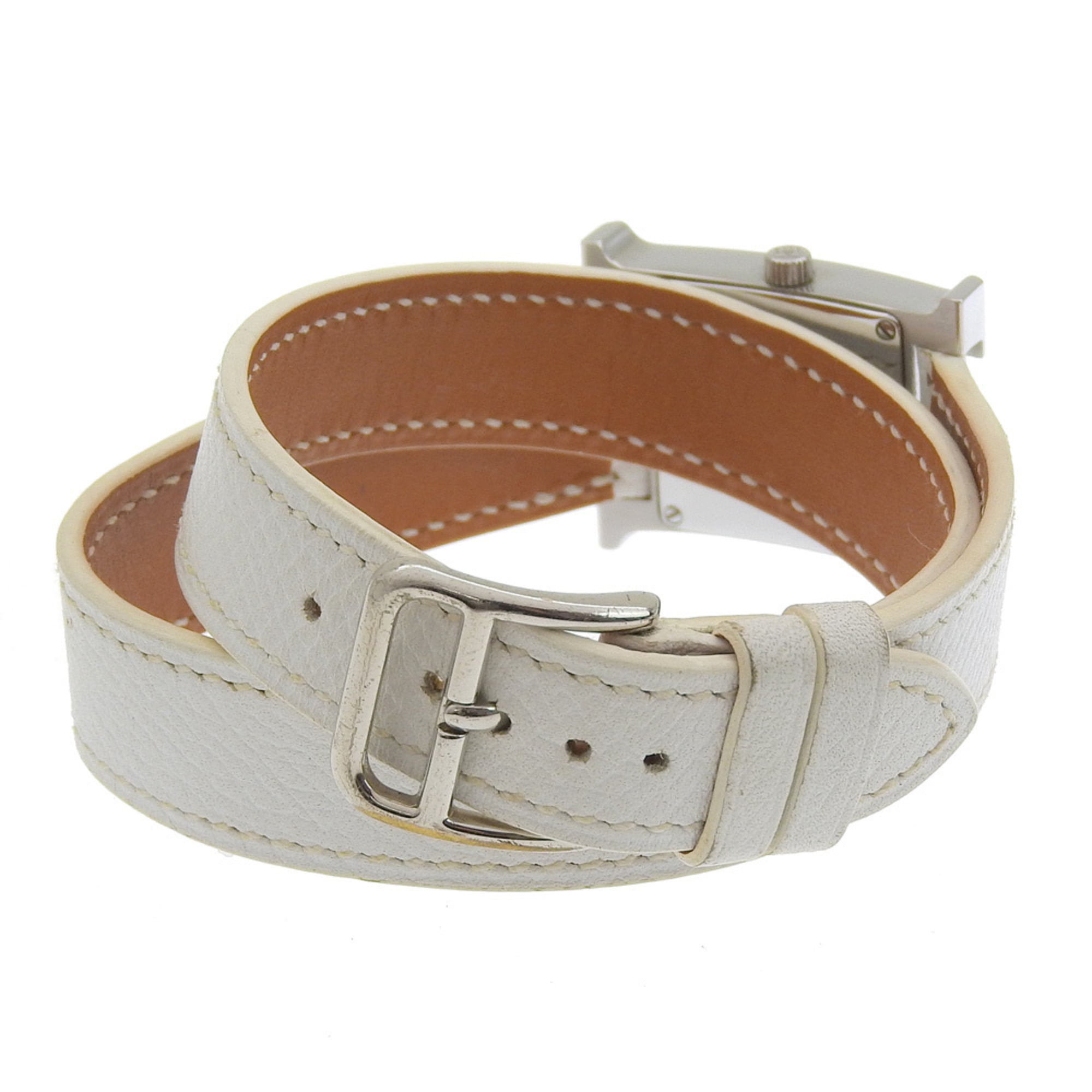 Hermès H Watch Double Tour HH1.210, roestvrij staal en glad leer, vervaardigd in Frankrijk, 2012, zilverkleurig P-kwarts uurwerk, analoge wijzerplaat, witte wijzerplaat, Heure-horloge voor dames.