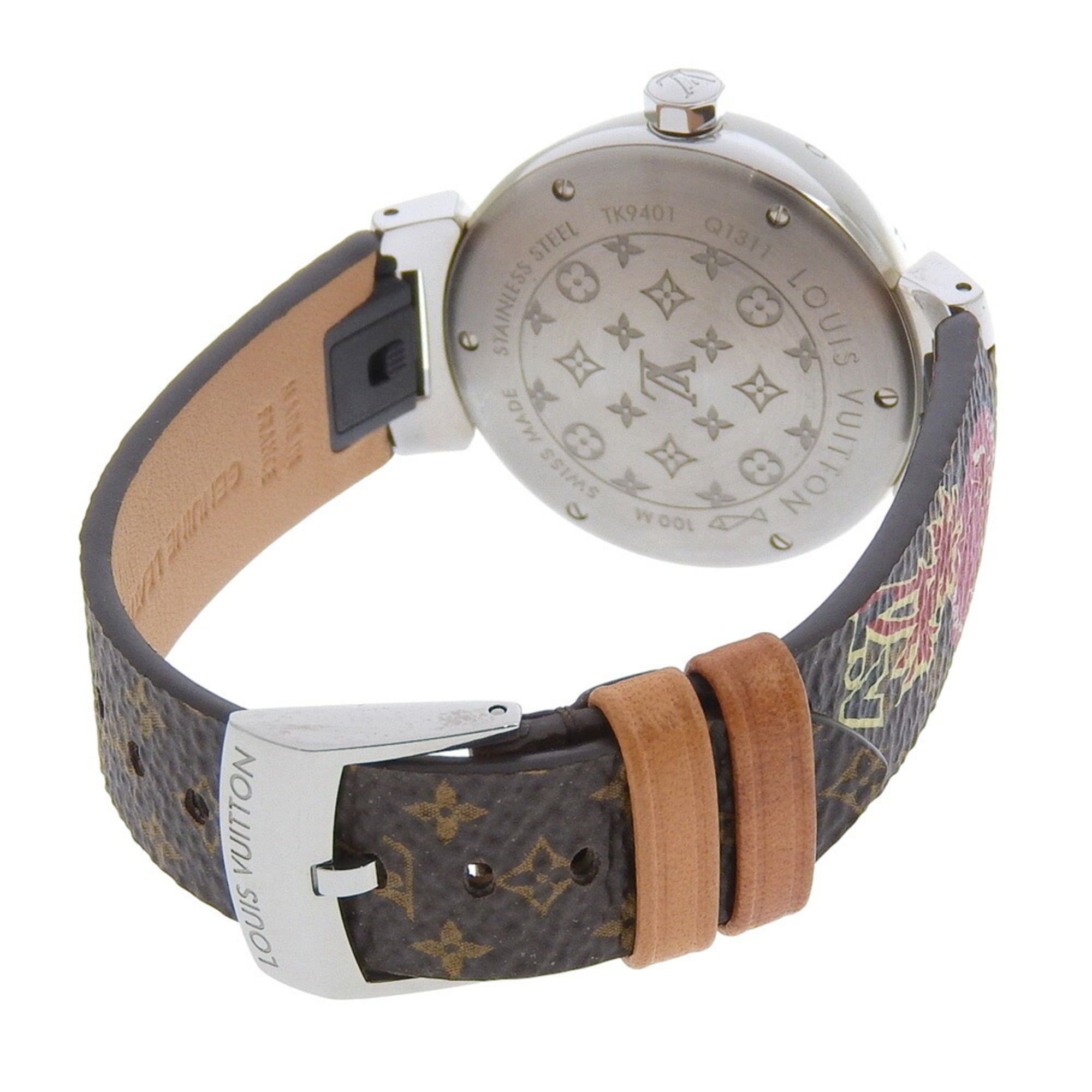Louis Vuitton Tambour-horloge Q1311, roestvrij staal en leer, quartz uurwerk, analoge wijzerplaat, bruine wijzerplaat, unisex
