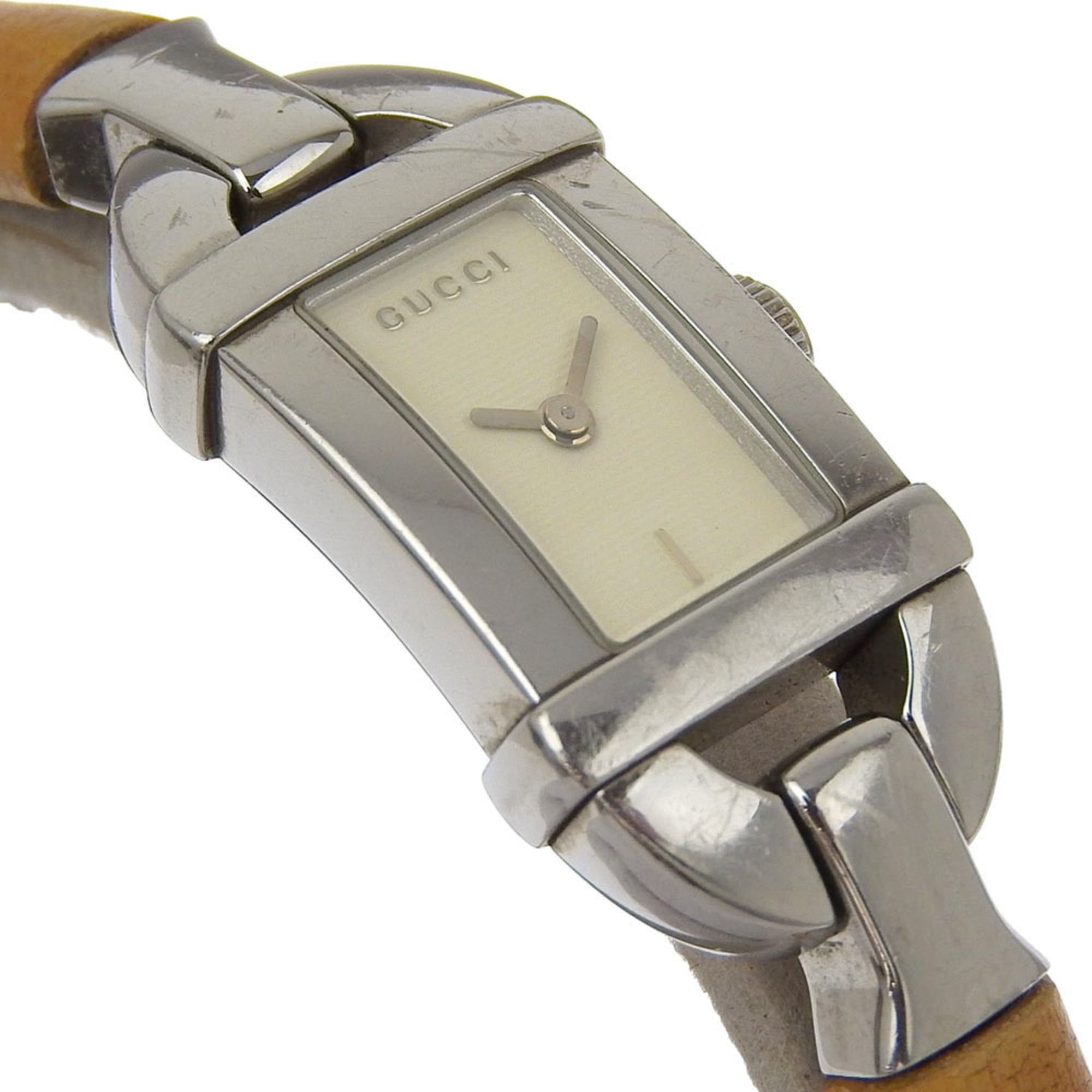 Gucci 6800L roestvrijstalen en bamboe quartzhorloge met analoge wijzerplaat en witte wijzerplaat voor dames