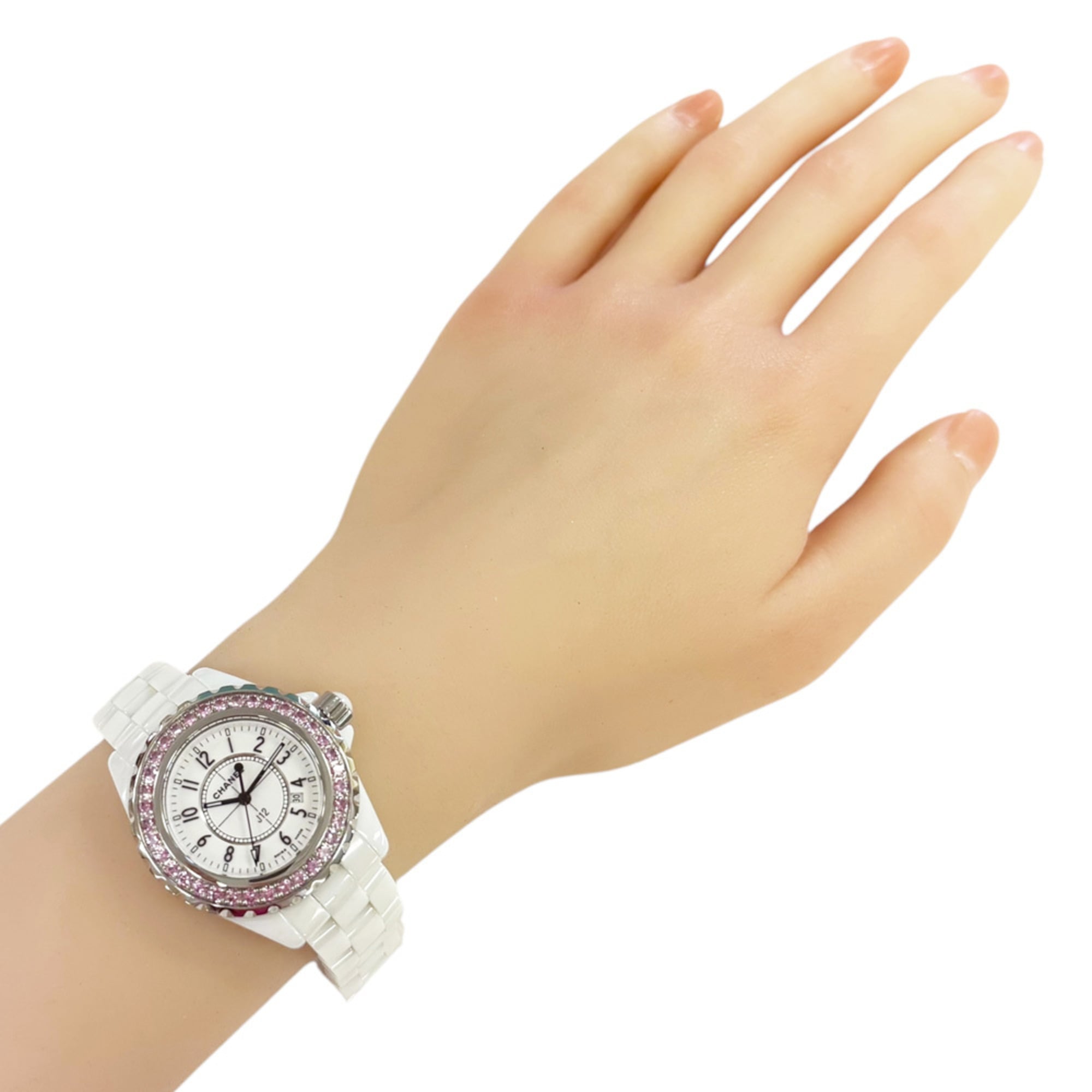 Chanel J12 Watch, White Ceramic H1181 Quartz, Women's, Pink Sapphire Bezel