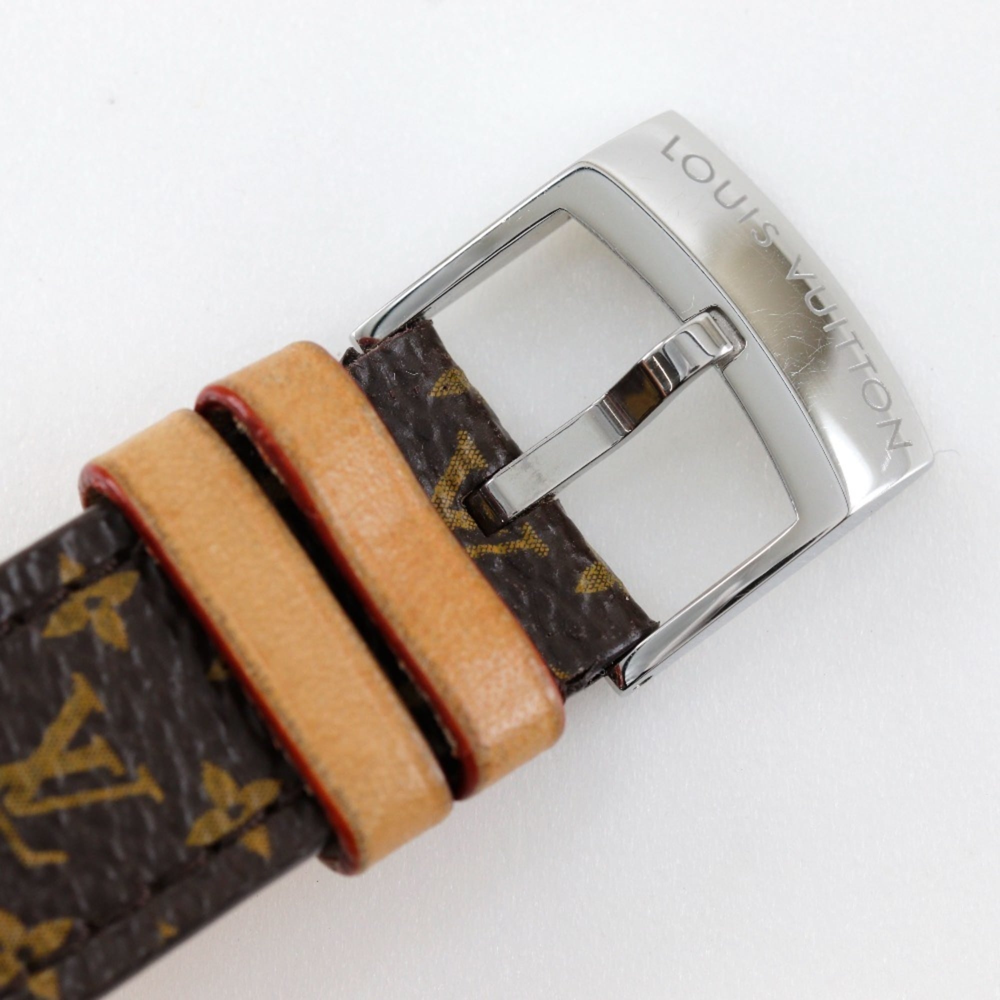 Louis Vuitton Tambour-horloge Q1313, roestvrij staal x Monogram-canvas, quartz, analoog display, witte wijzerplaat, damesmodel