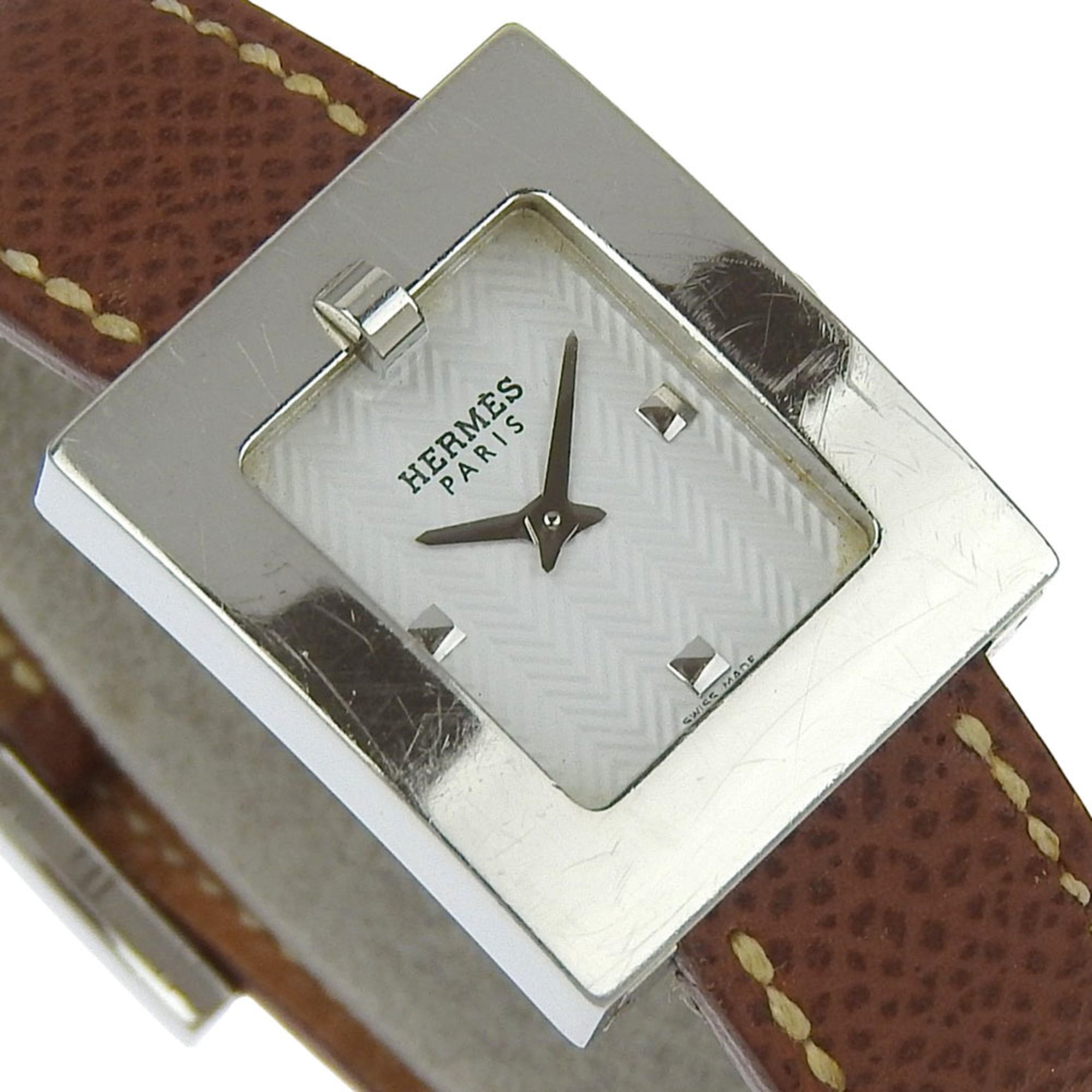 Hermès BE1.110 dameshorloge met roestvrijstalen en leren band, 2002, quartz uurwerk, analoge wijzerplaat, witte wijzerplaat