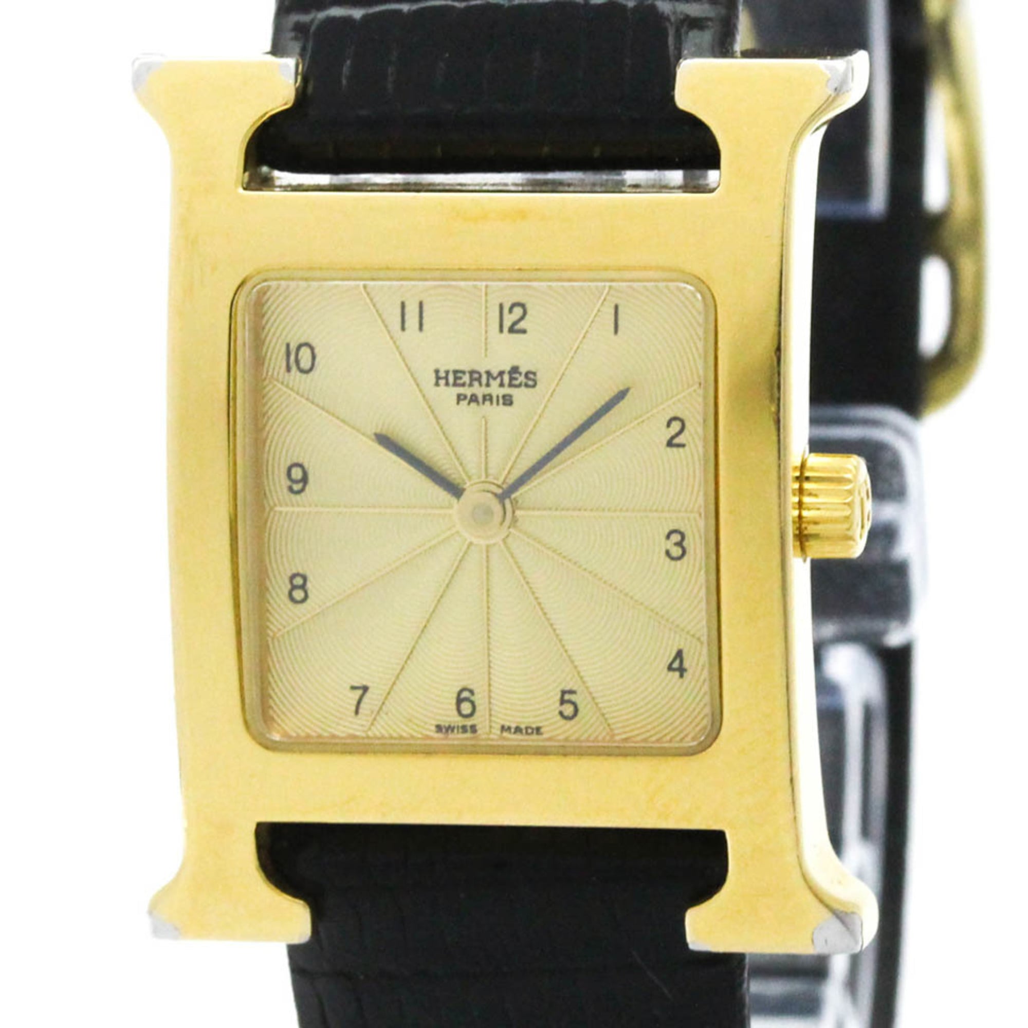 HERMES H Watch Gold Plated Leather Quartz Ladies Watch HH1.201