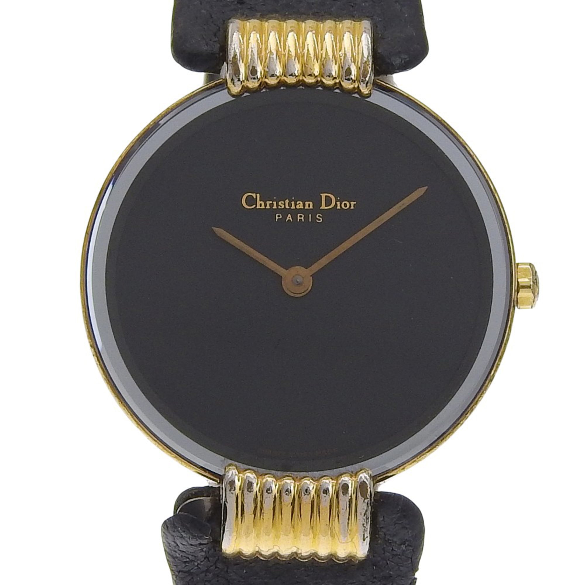 Christian Dior Bakira Watch 46.153-4 Gold Plated x Leather Strap Quartz Analog Black Dial Women's
