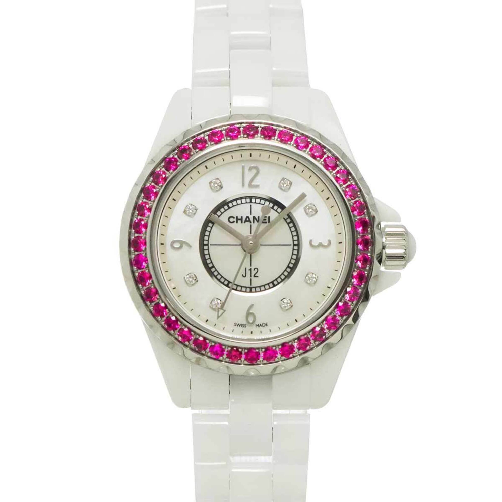 Chanel J12 29mm H3243 Wo Pink Sapphire Bezel 8 Diamonds White Shell Ceramic Quartz