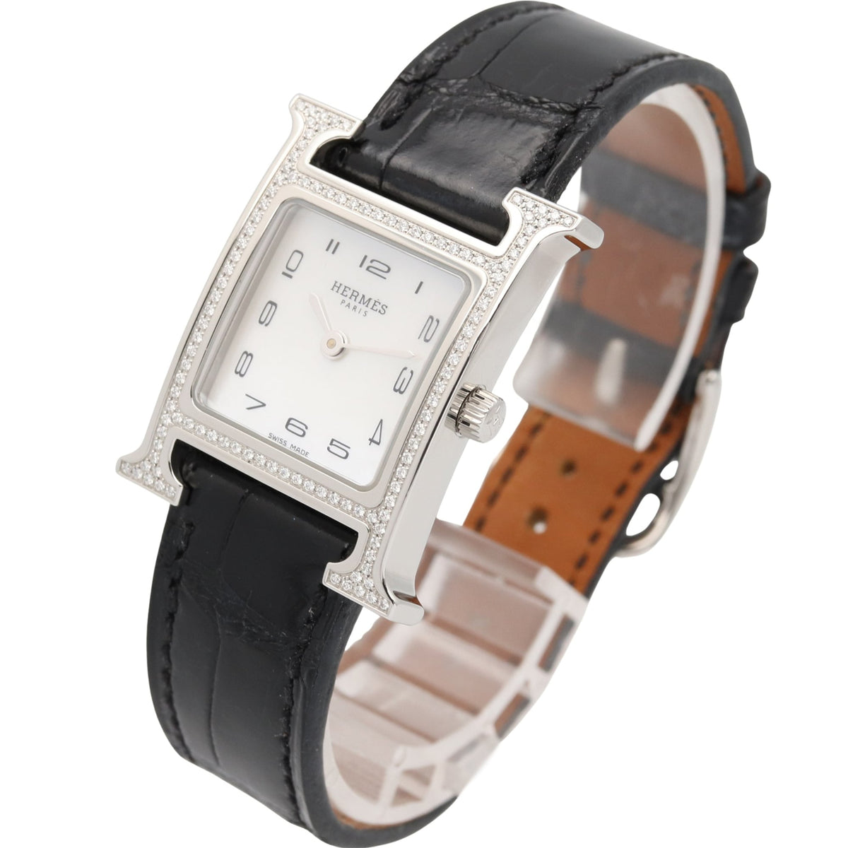 Montre Hermès H- à lunette en diamants HH1.235 Blanc, cadran en nacre, 21 mm