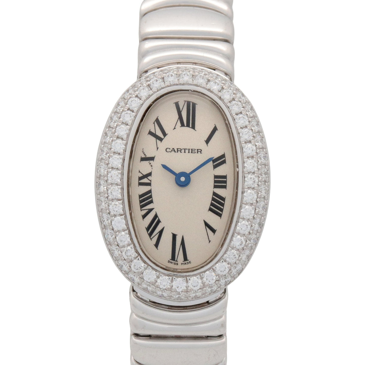 Cartier Mini Baignoire Diamond Bezel 18K WB5095L2 Silver Dial 18mm Watch