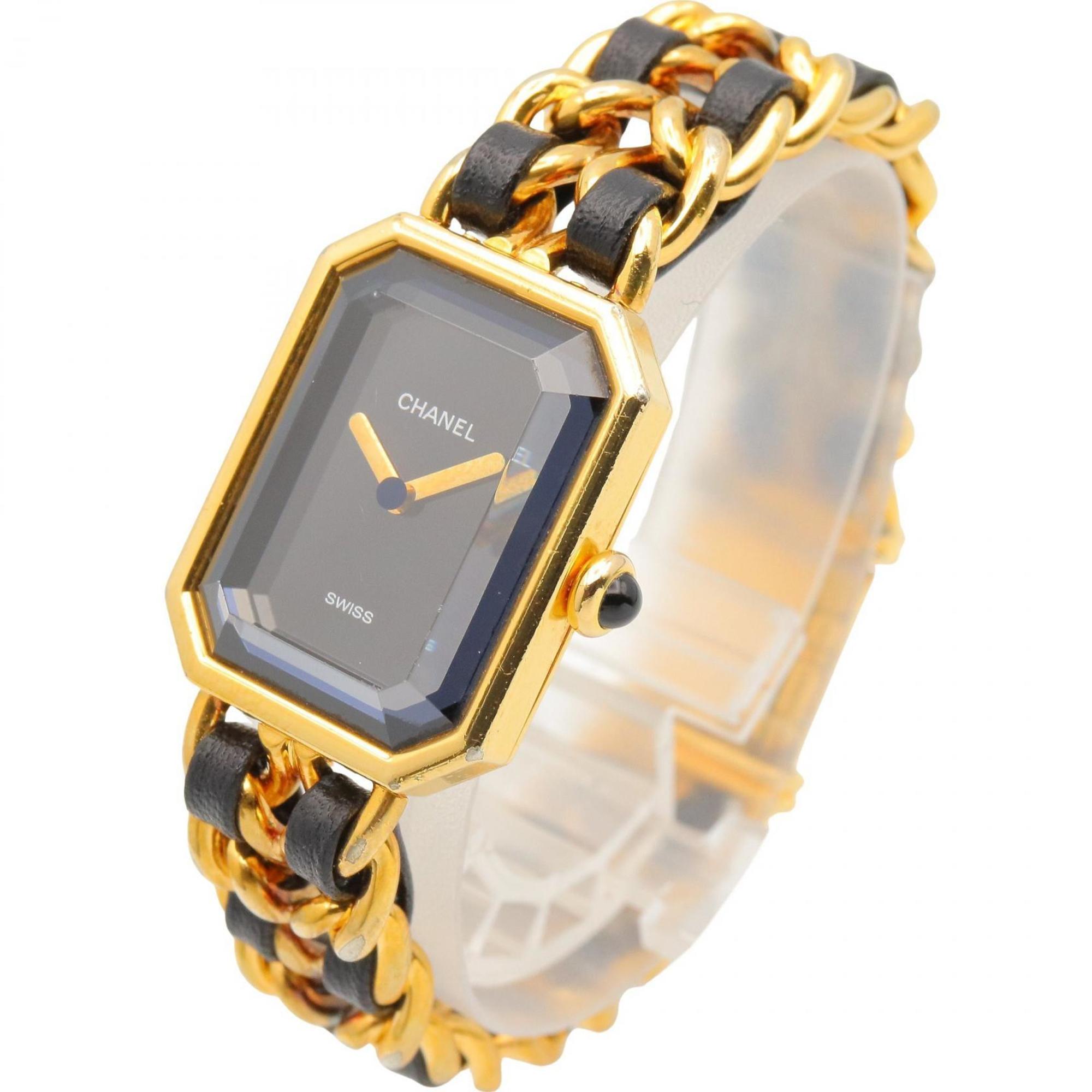 CHANEL Premiere M Watch, Gold-Plated, with Leather Strap, Black, Women's, H0001