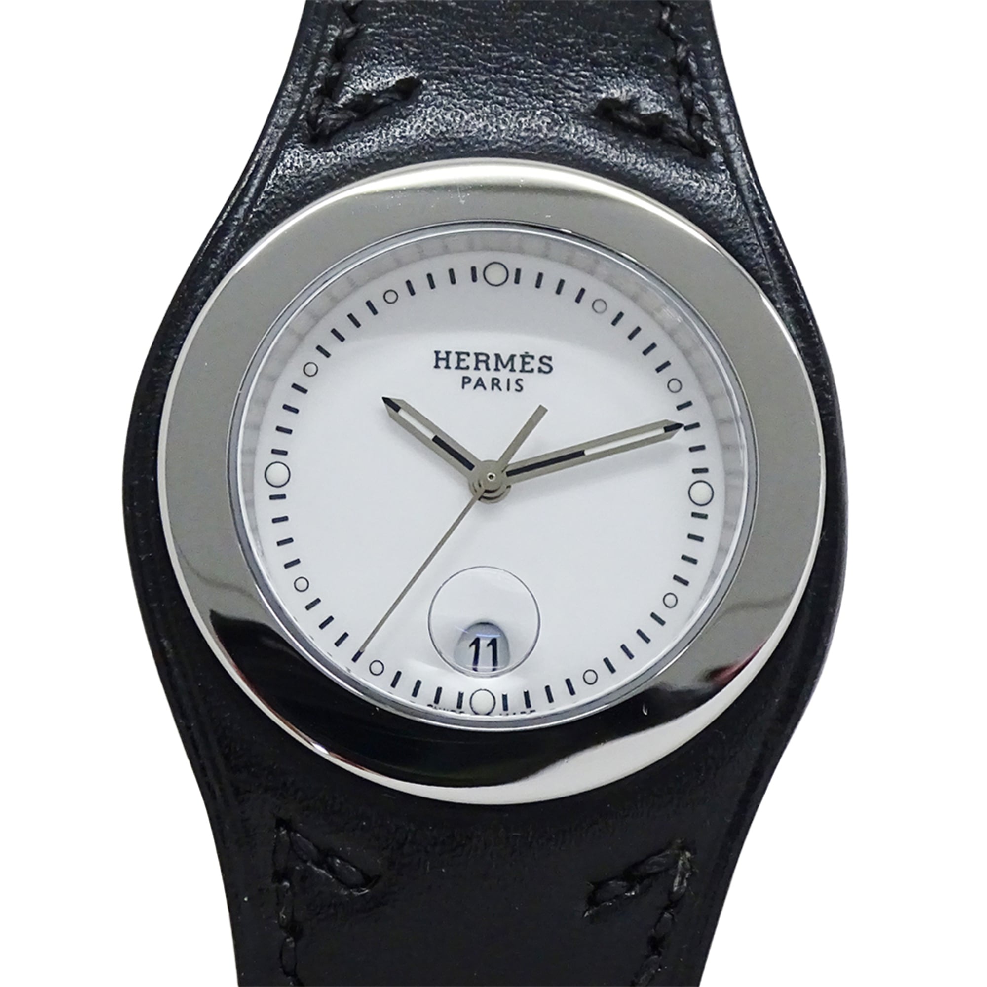 Hermes HERMES Women's Watch Brand Arce Date Quartz QZ Stainless Steel SS Leather HA3.410 White Black â–¡E