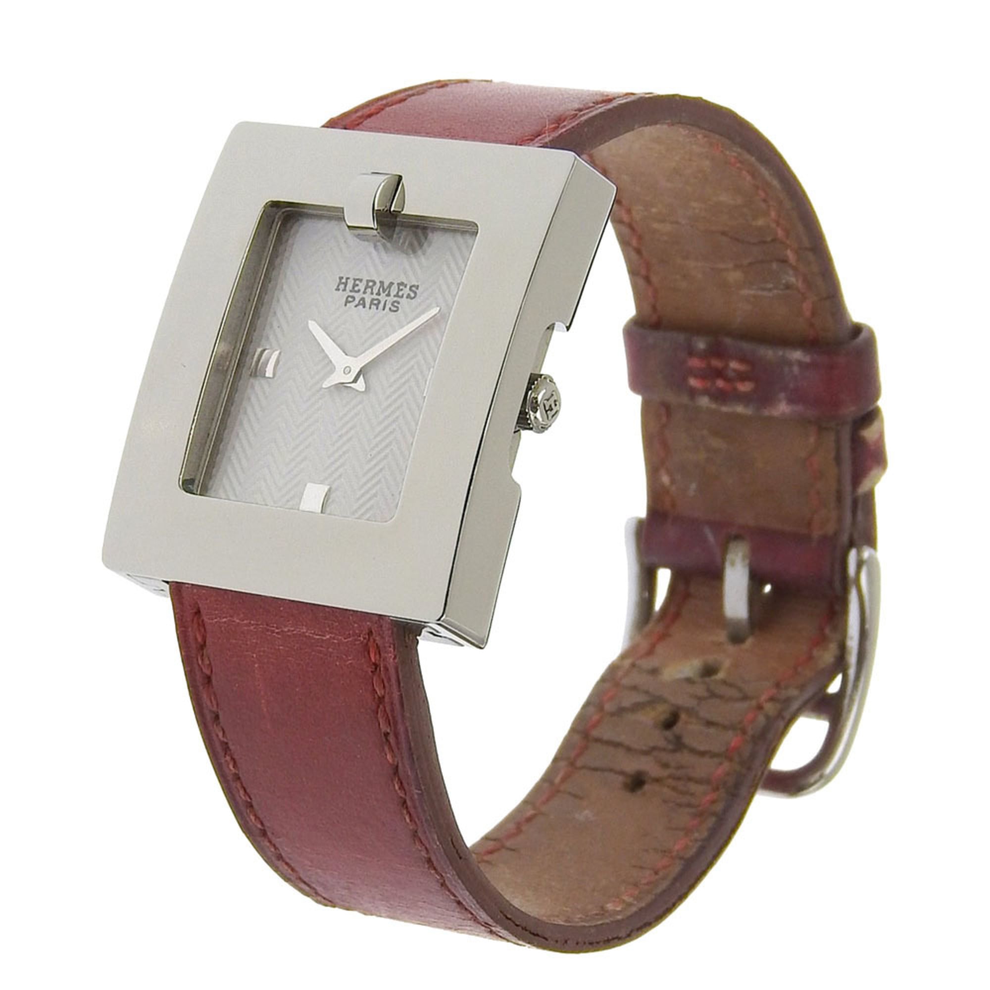 HermÃ¨s BE1.210 Women's Stainless Steel and Leather Strap Watch with Quartz Movement, Analog Display, White Dial