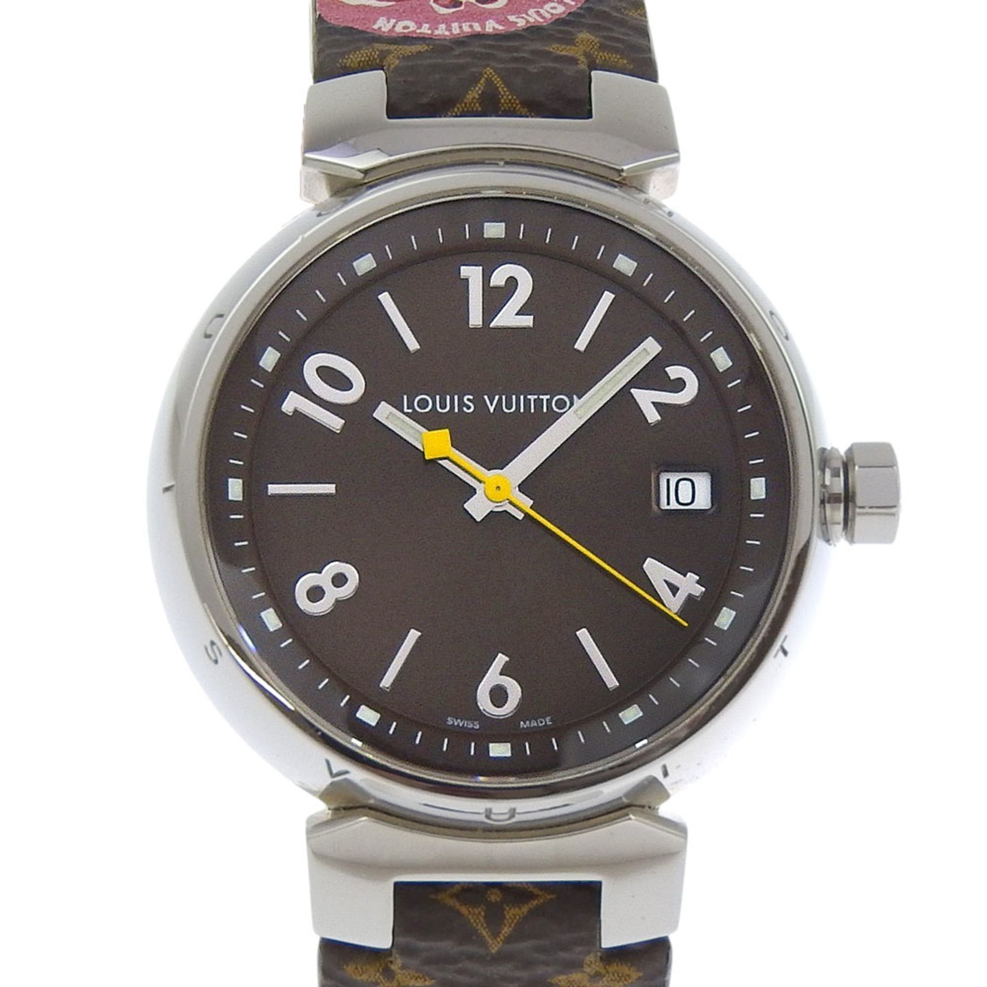 Louis Vuitton Tambour Watch Q1311, Stainless Steel and Leather Quartz Movement, Analog Display, Brown Dial, Unisex