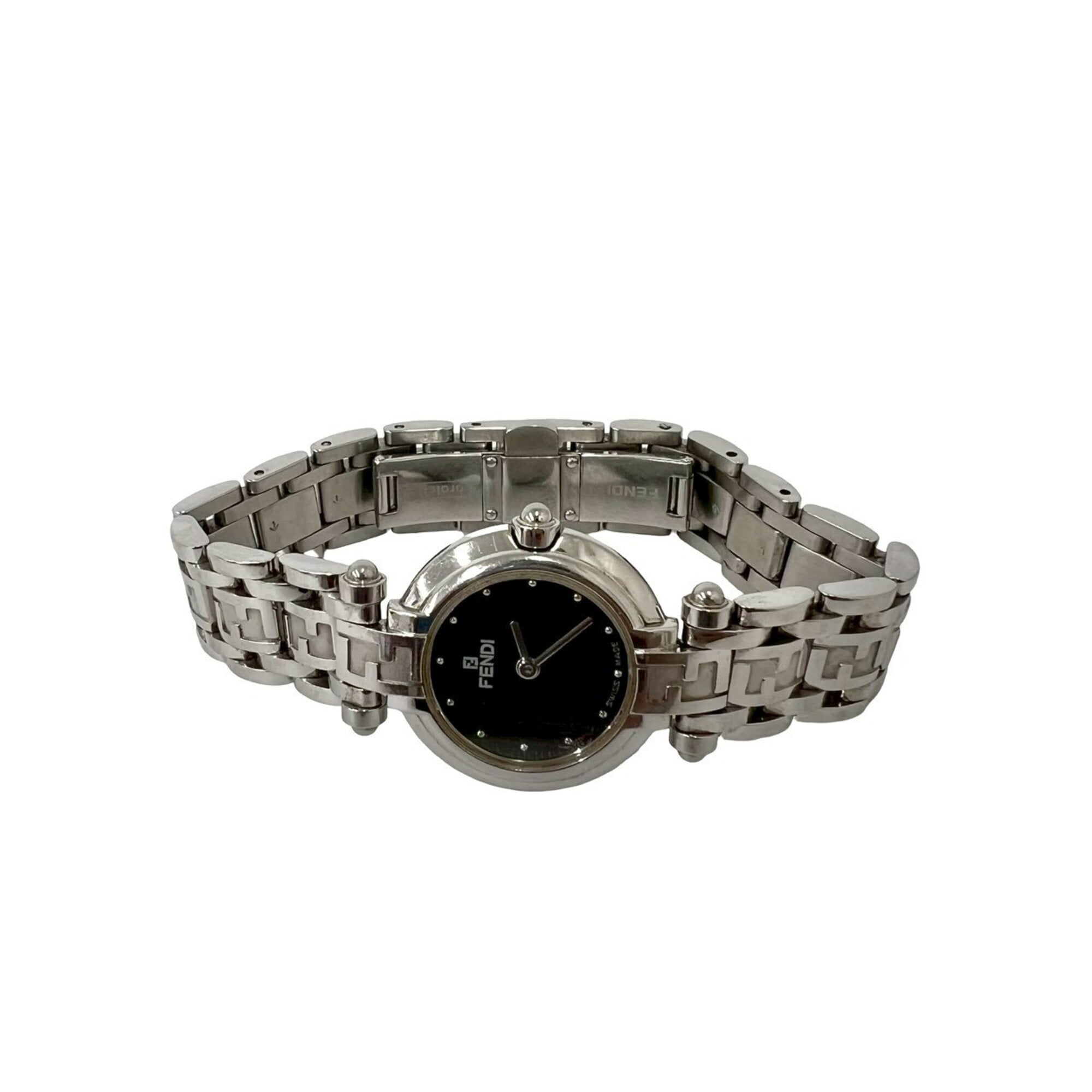 FENDI 750L Orologi FF Logo Stainless Steel Quartz Watch, Silver/Black, 39005