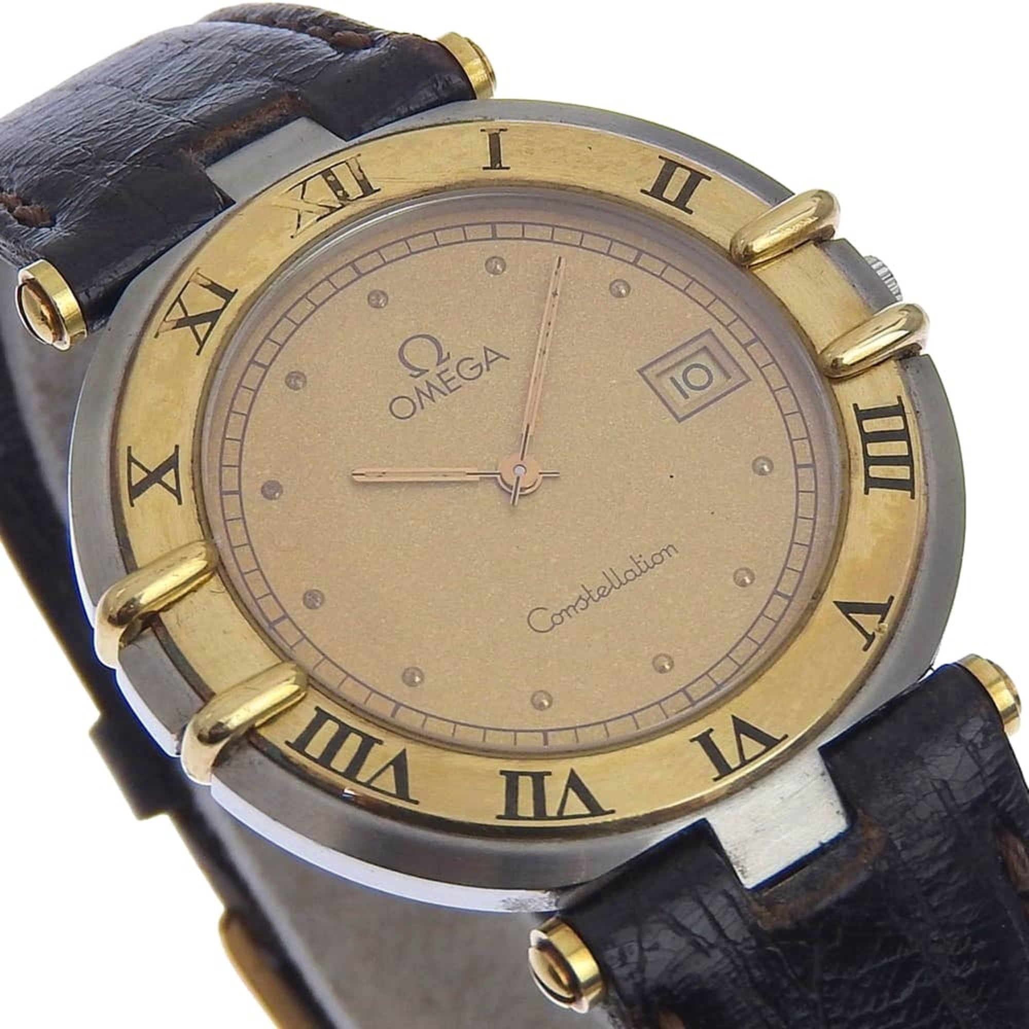 OMEGA Constellation Damenuhr, Edelstahl und Leder, QuarzUhrwerk, analoge Anzeige, goldenes Zifferblatt