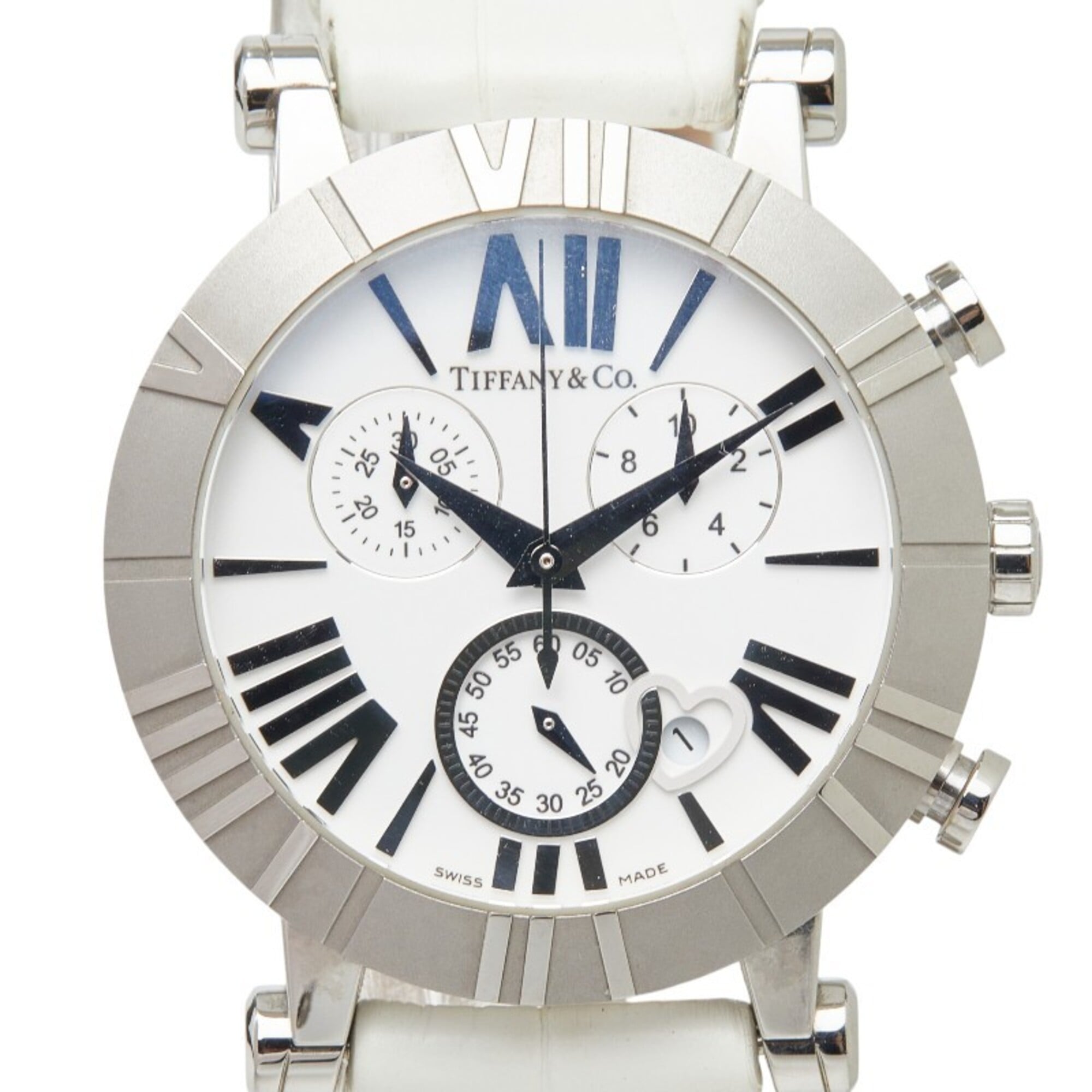Tiffany & Co. Atlas Chronograph Watch Z1301.32.11A20A71A Quartz White Dial Stainless Steel Leather Ceramic Men's