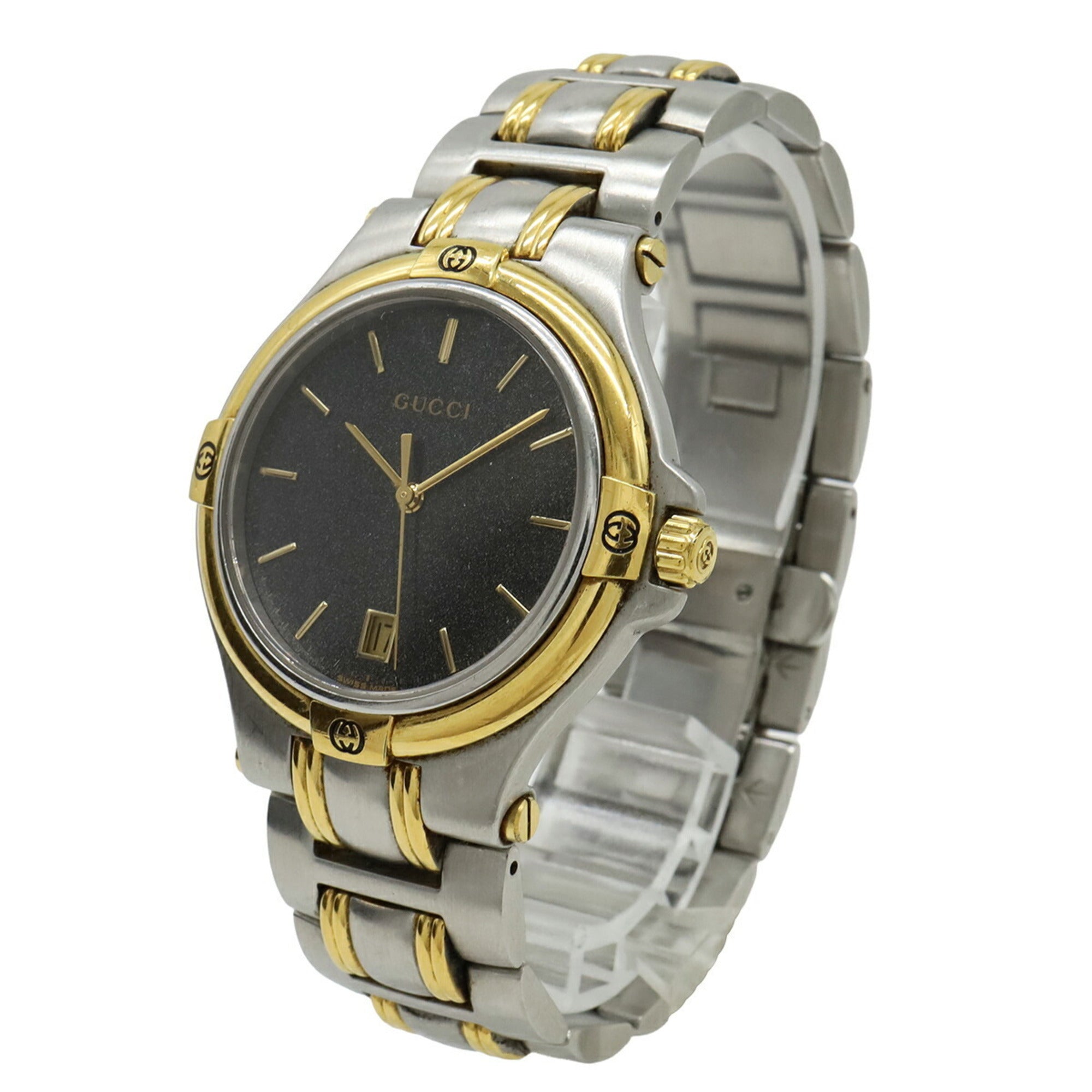 GUCCI Men's Quartz Watch 9040M, Black Dial, Date Display, Stainless Steel