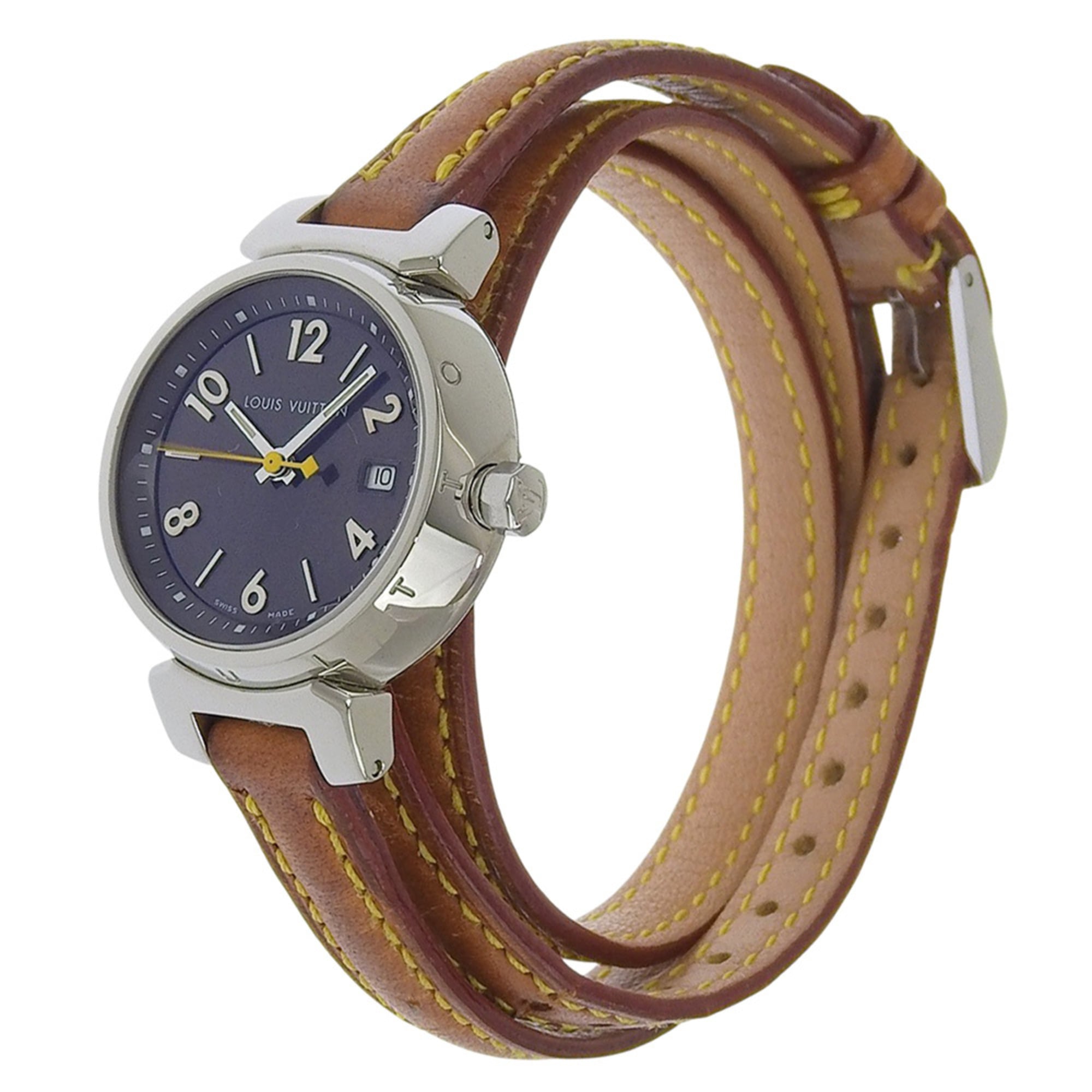 Louis Vuitton Tambour Watch Q1211, Stainless Steel and Leather Quartz Movement, Analog Display, Black Dial, Women's