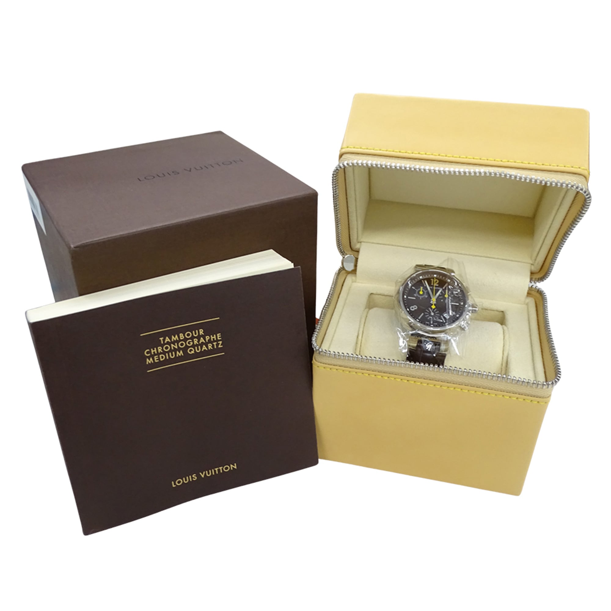 Louis Vuitton LOUIS VUITTON Jongenshorloge Tambour Chronograaf Datum Kwarts QZ Roestvrij staal SS Leer Q1321 Zilver Bruin