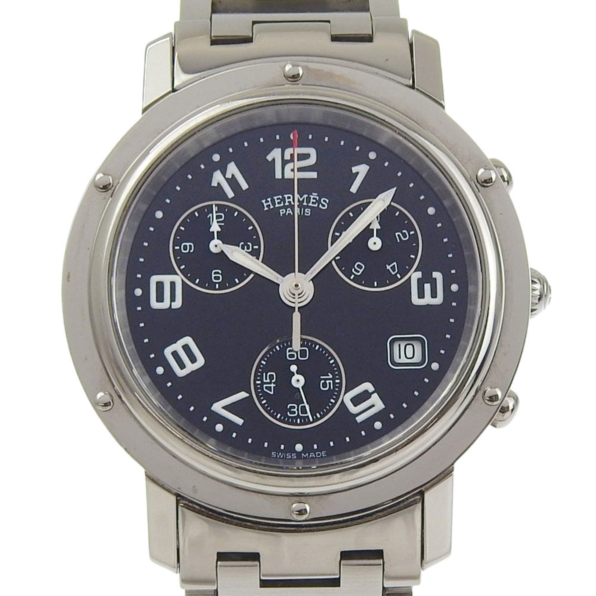 Hermes Clipper watch CL1.910, stainless steel, quartz, chronograph, black dial, men's.