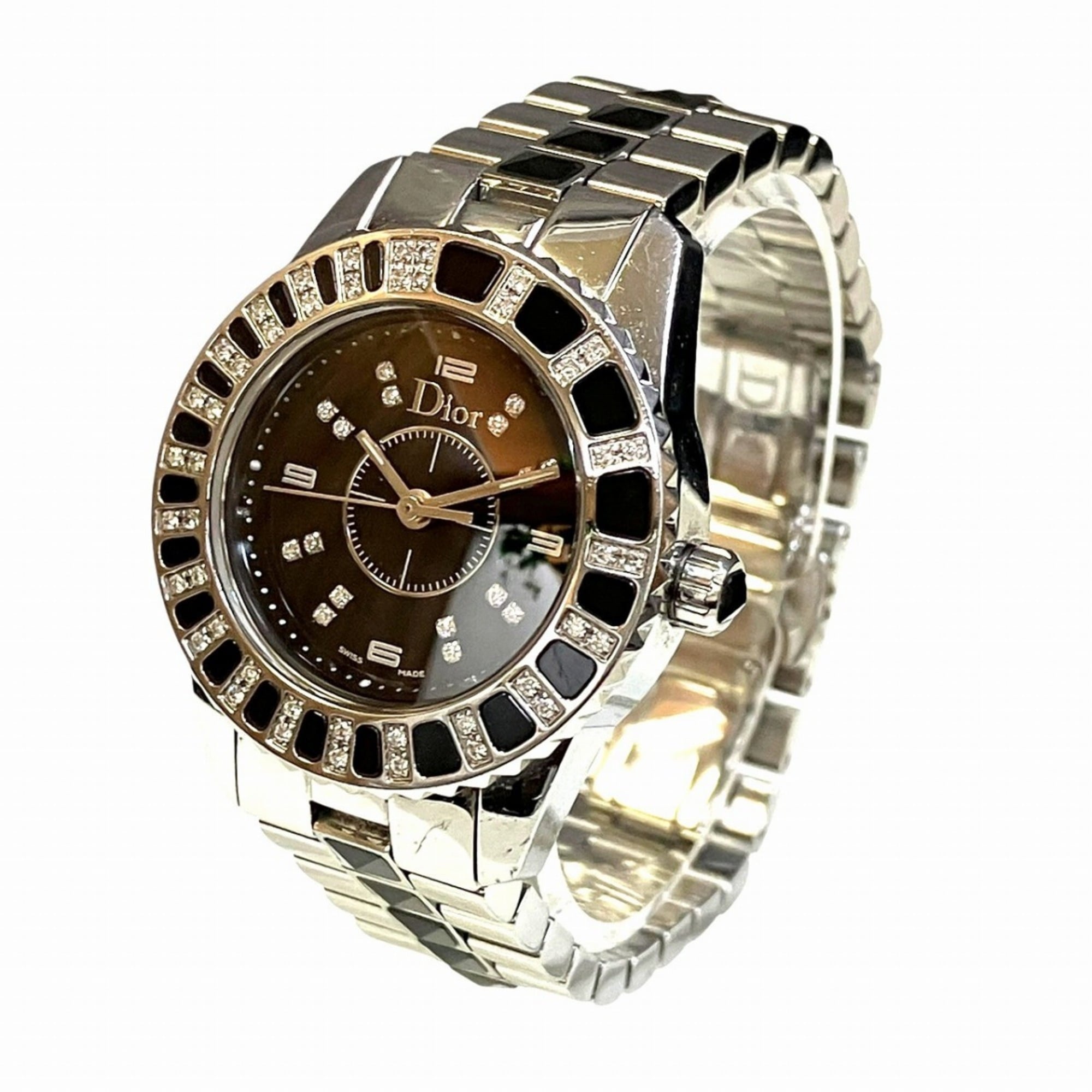 Christian Dior Crystal Diamond Bezel Watch, Total Weight 75.8g, Stainless Steel, Quartz, Black Dial, CD112116M001