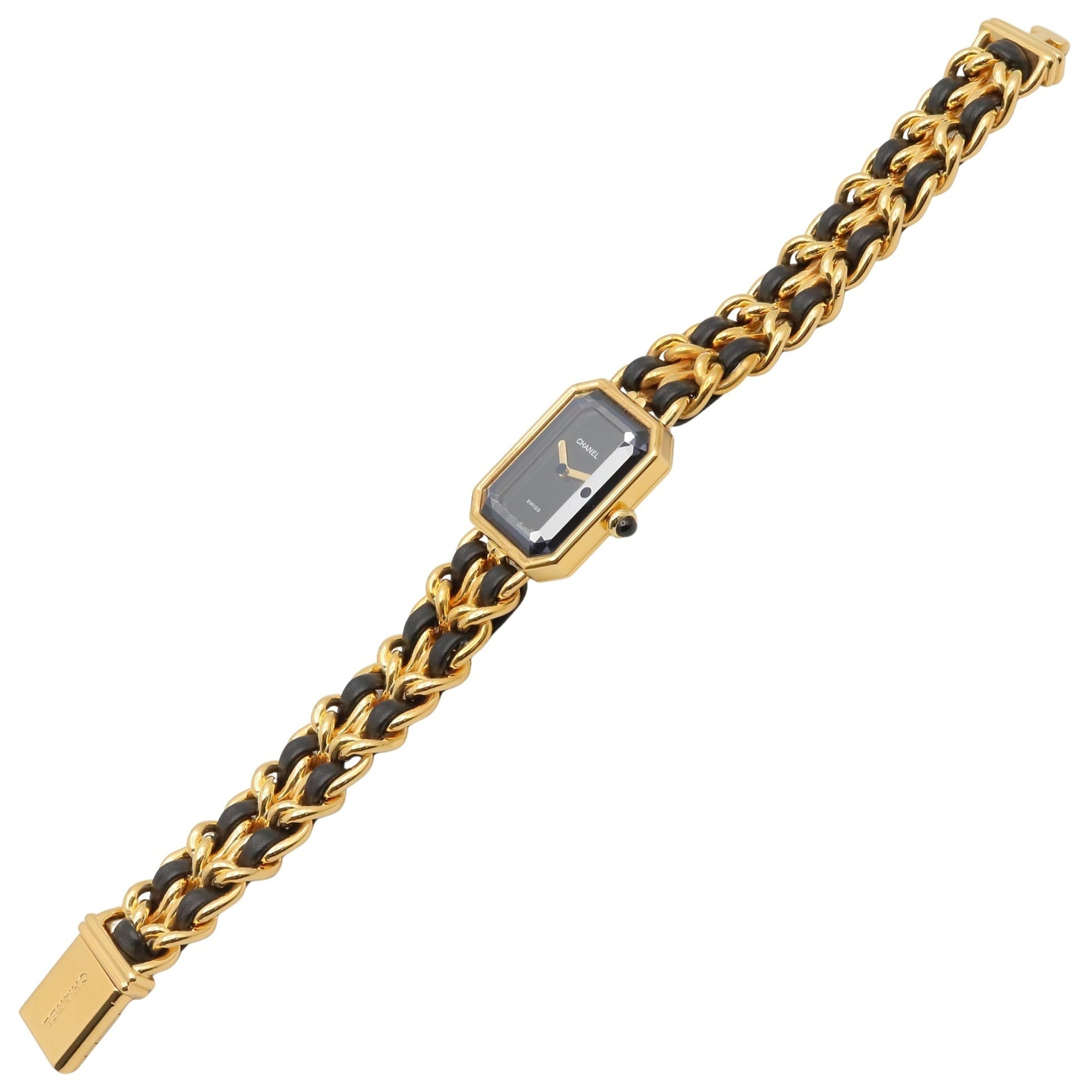 Montre Chanel CHANEL Première XL, plaquée or (GP), bracelet en cuir, pour femme, Noir, H0001