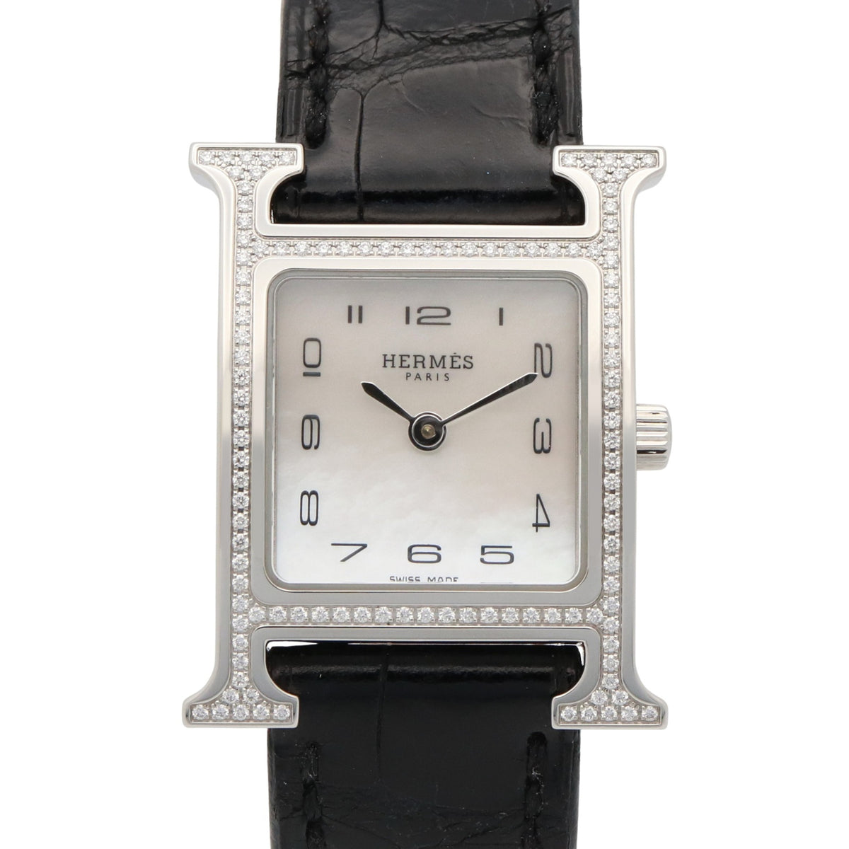 Montre Hermès H- à lunette en diamants HH1.235 Blanc, cadran en nacre, 21 mm