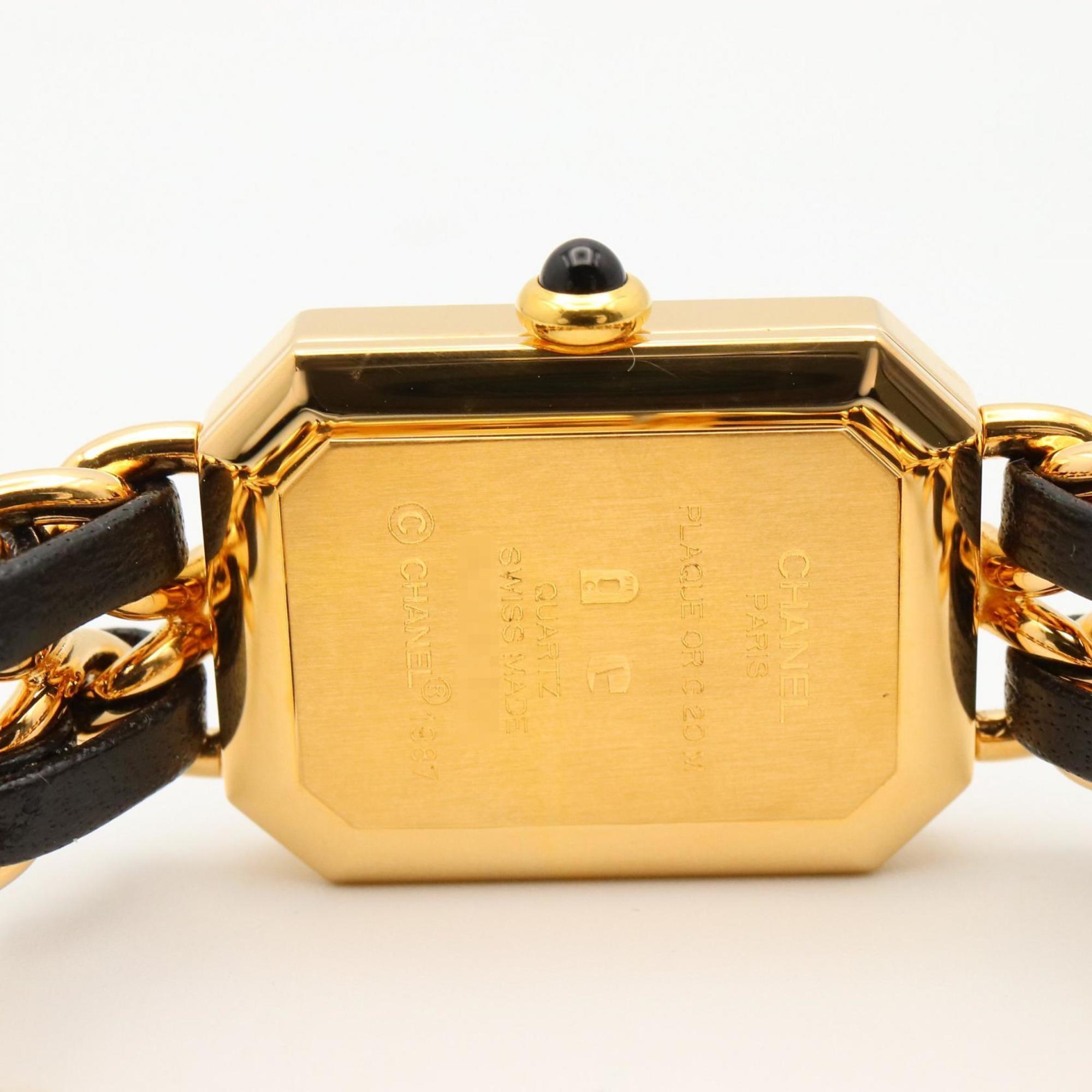 CHANEL Premiere S-horloge, verguld, met leren band, zwart, dames, H0001