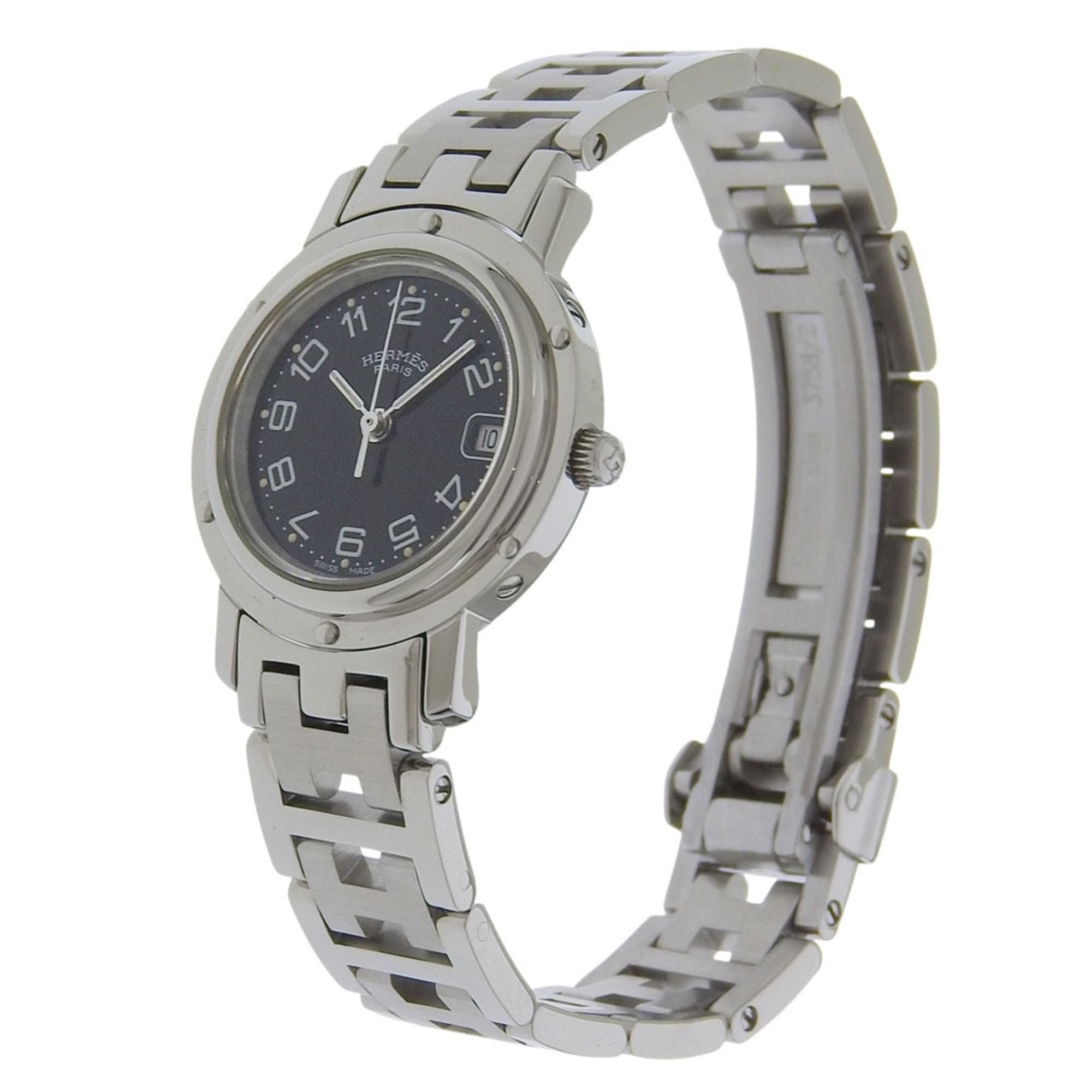 Hermes Clipper watch CL4.210, stainless steel, quartz, analog, black dial, women's.