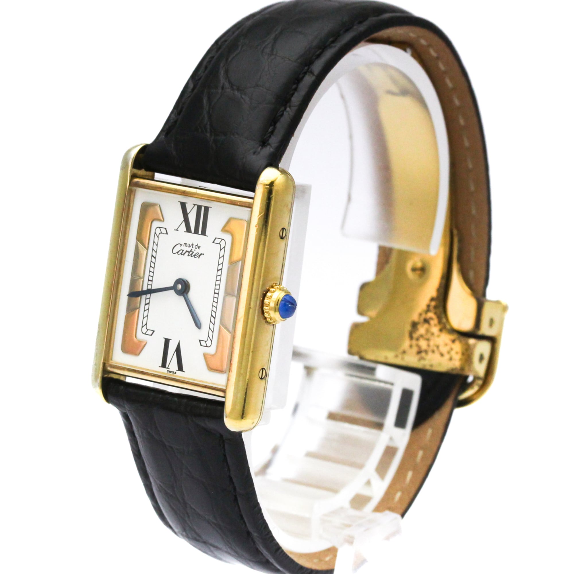 CARTIER Must Tank Vermeil Gold Plated Leater Quartz Mens Watch 590005