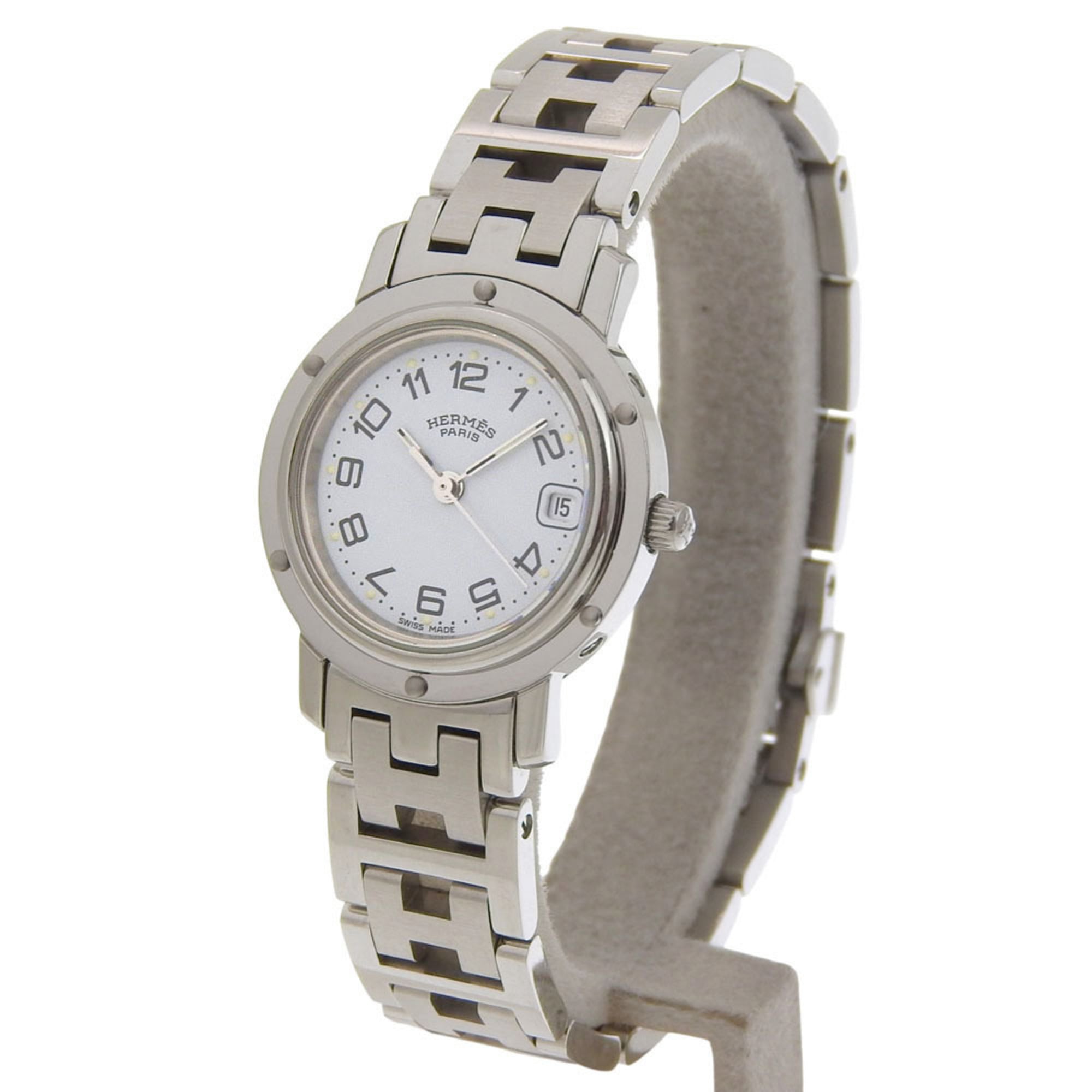 Hermes Clipper Date CL4 210, light blue dial, stainless steel, quartz movement, approximately 24mm, women's watch.