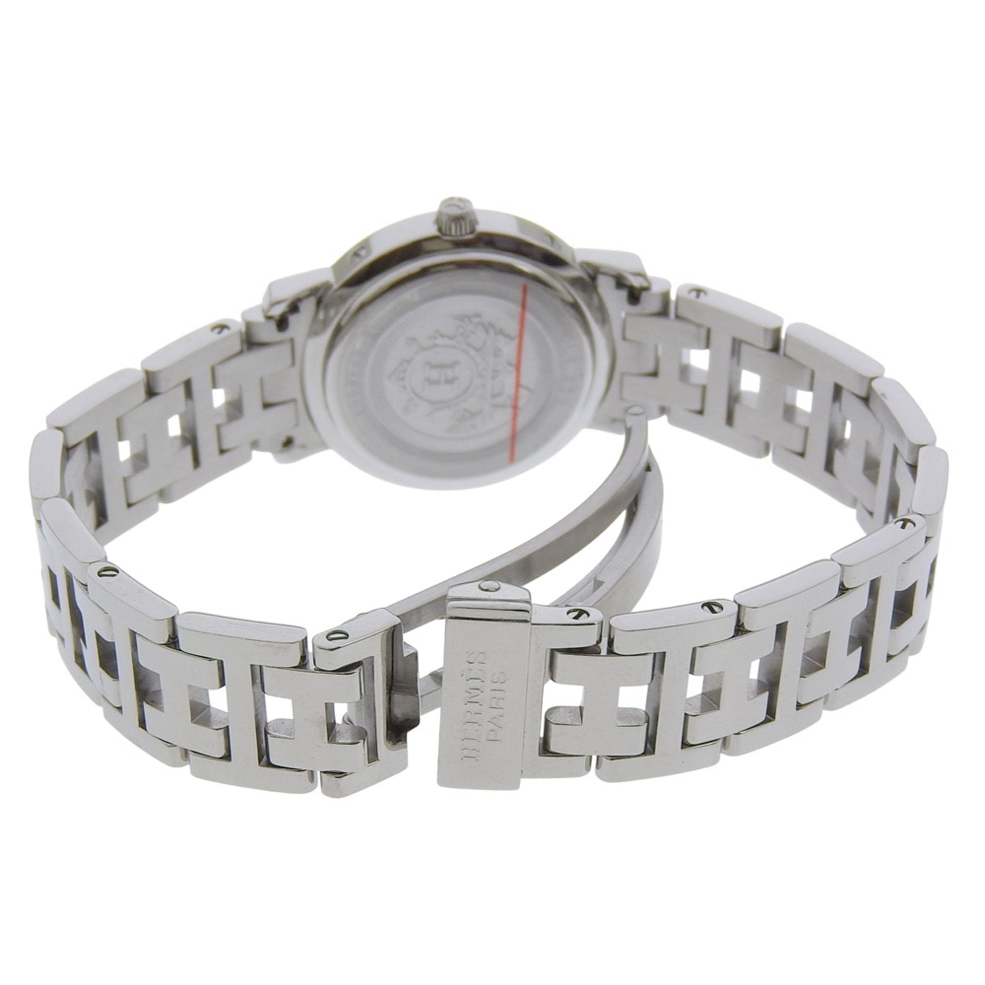 Hermès Clipper Nacre dameshorloge, 12 diamanten, CL4.230, roestvrij staal, quartz uurwerk, analoge wijzerplaat, witte schelpwijzerplaat