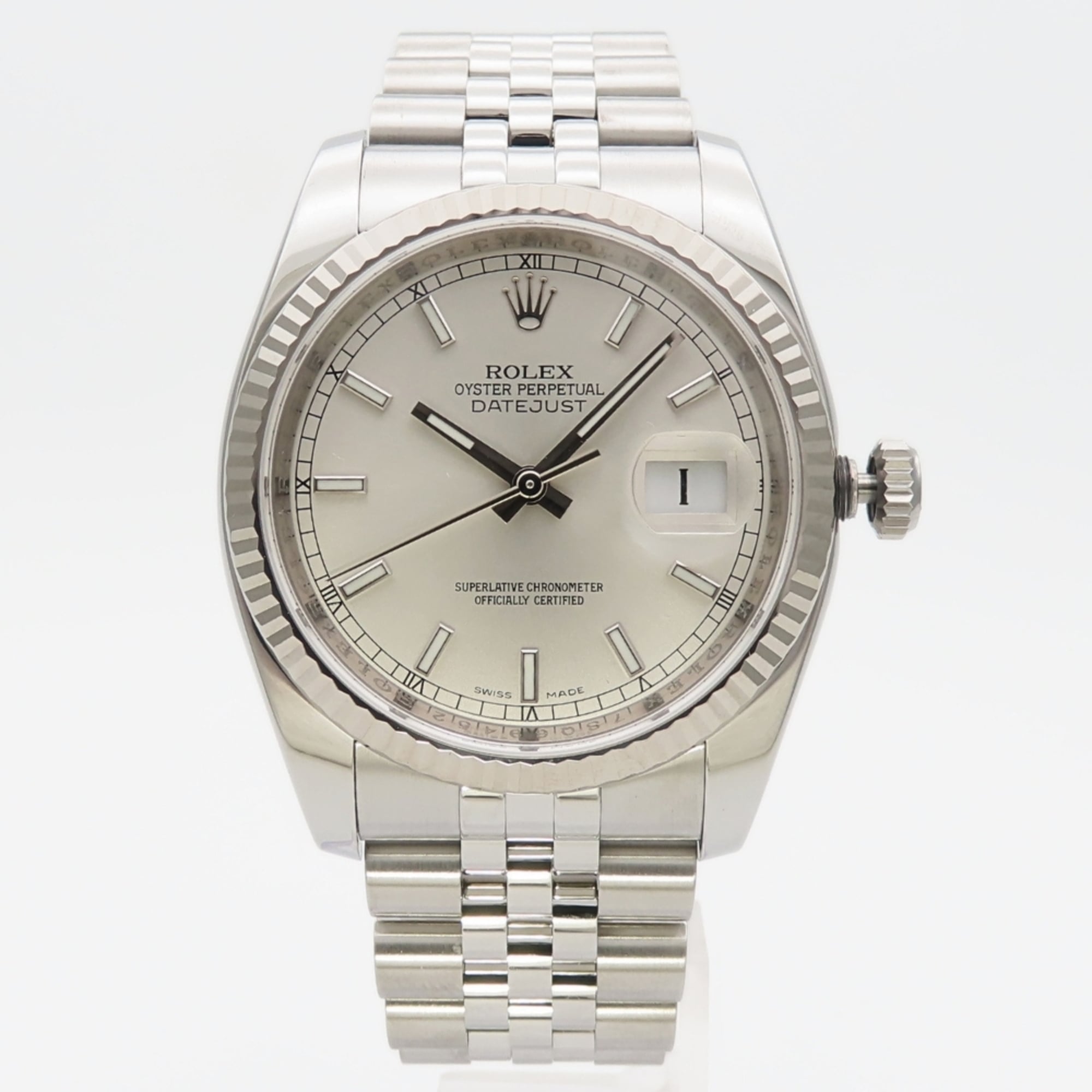 Rolex Datejust 36 116234 roestvrij staal, 18-karaats witgoud, zilveren wijzerplaat, staafindexen, herenhorloge