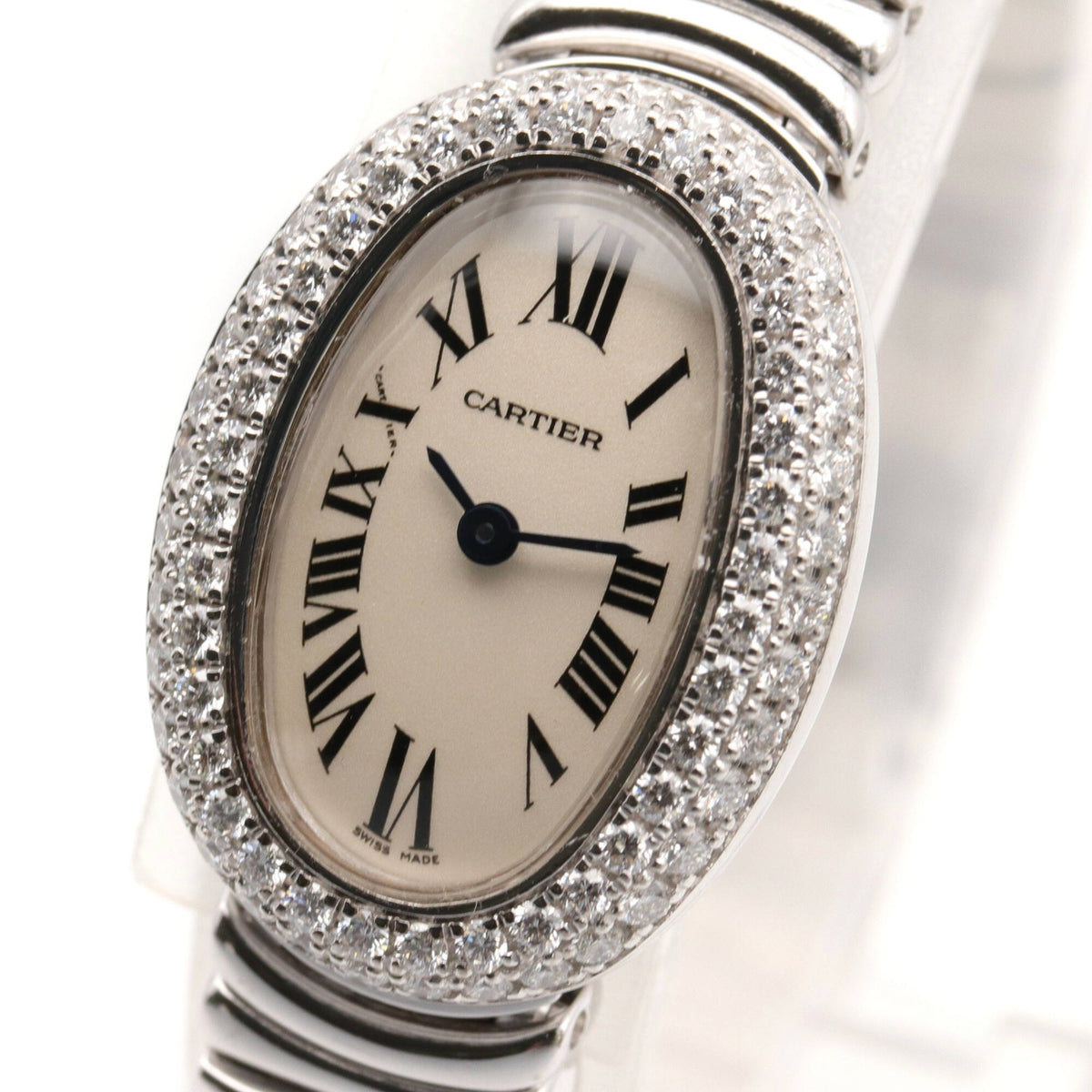 Cartier Mini Baignoire Diamond Bezel 18K WB5095L2 Silver Dial 18mm Watch