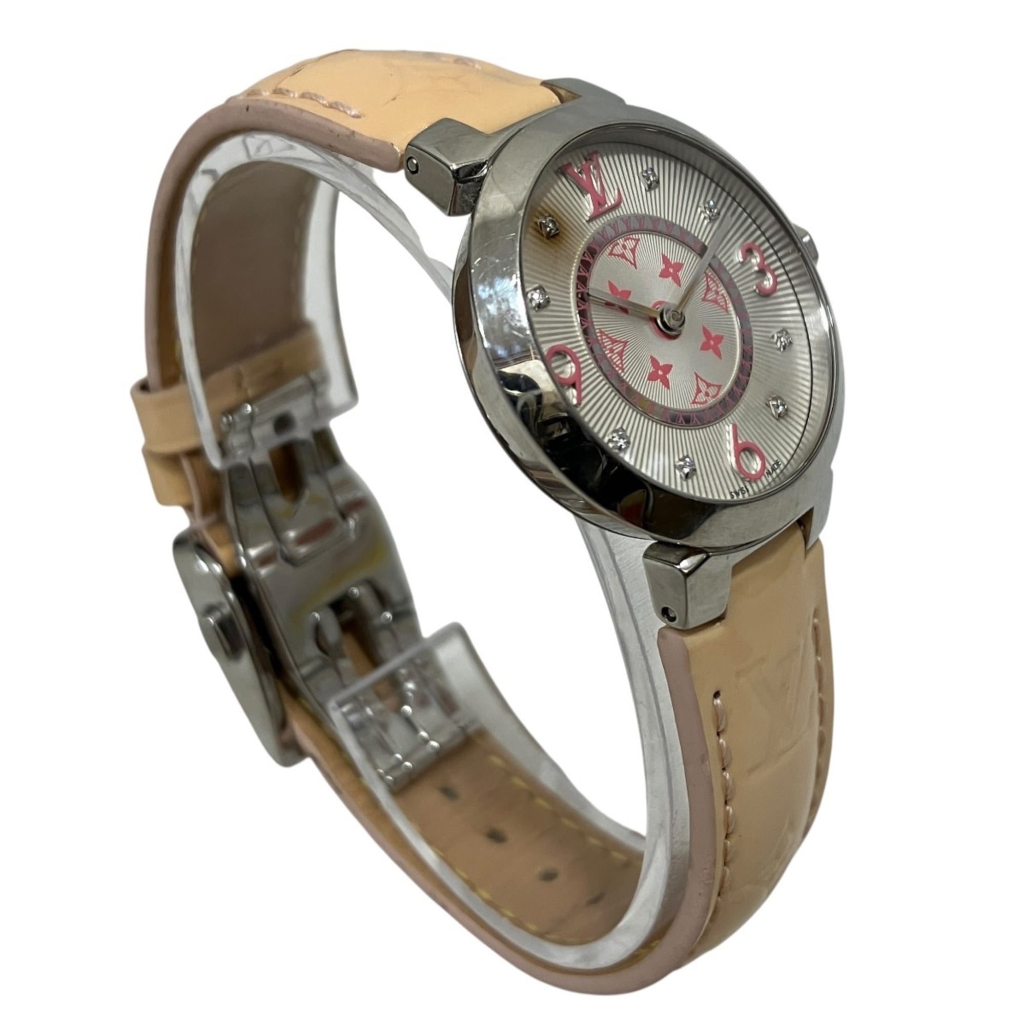 Louis Vuitton Tambour Monogram PM Watch, Verny, Total Weight 36.3g, Stainless Steel, Genuine Leather Strap, Quartz Movement, White Dial, Q12MG