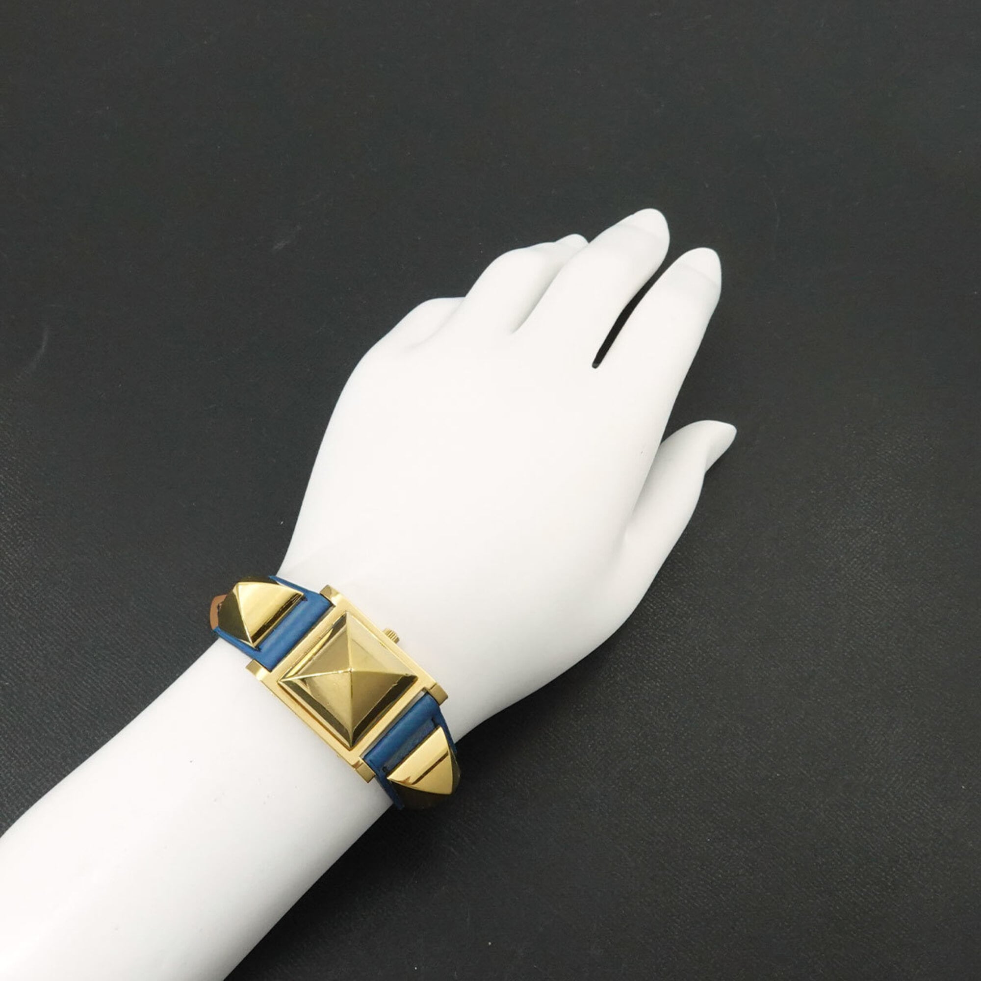 Hermes Medor Women's Watch, Pyramid Design, Gold Studs, White and Blue